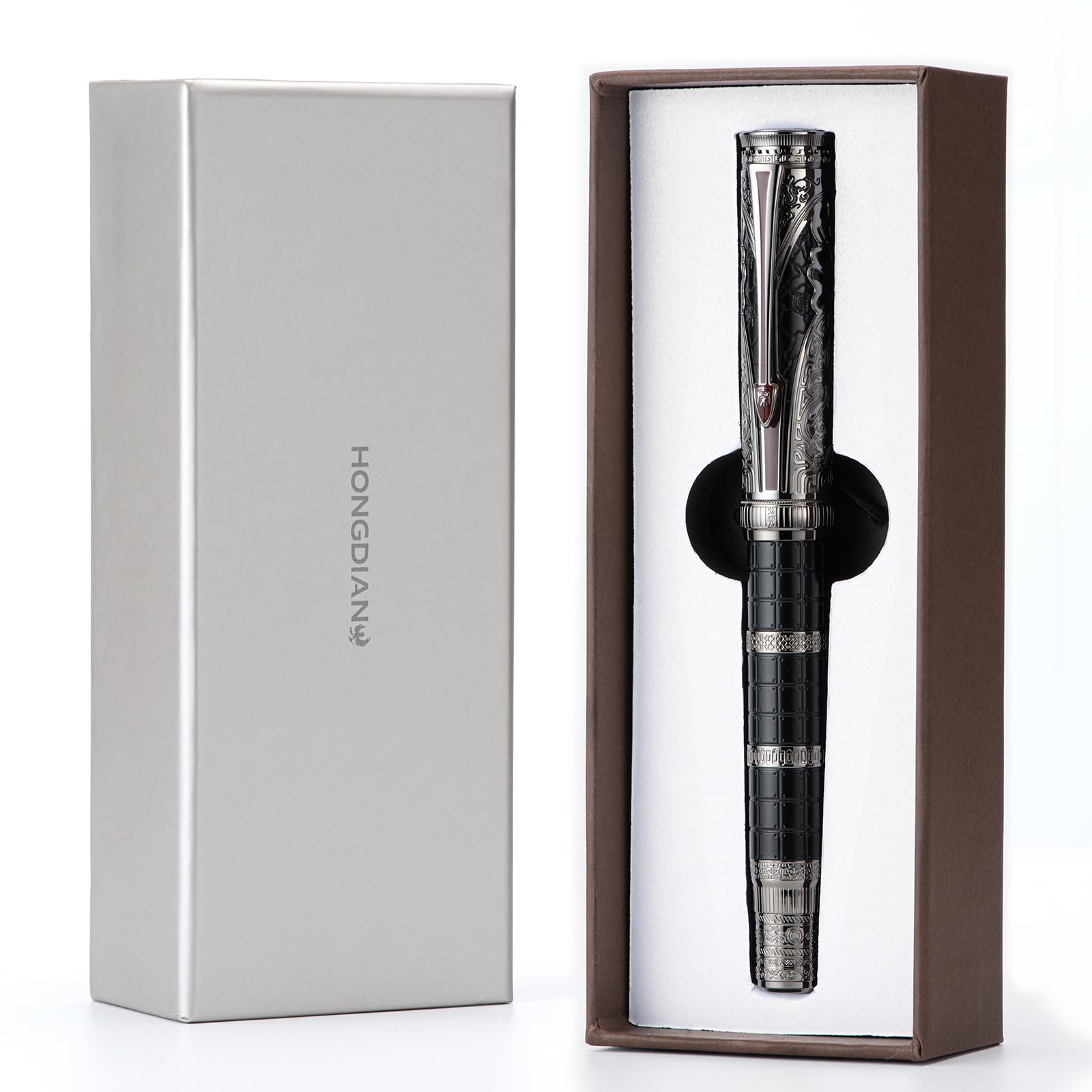 HONG DIAN D5 Qin Dynasty Fountain Pen Black Silver, Fine Nib Piston Filling Pen, Retro Chinese