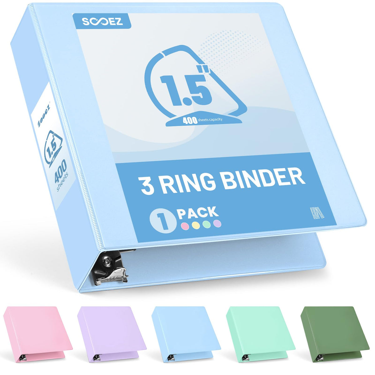 Sooez 3 Ring Binder 1.5 Inch, D-Ring Binder with Pocket, Light Blue, 8.5x11