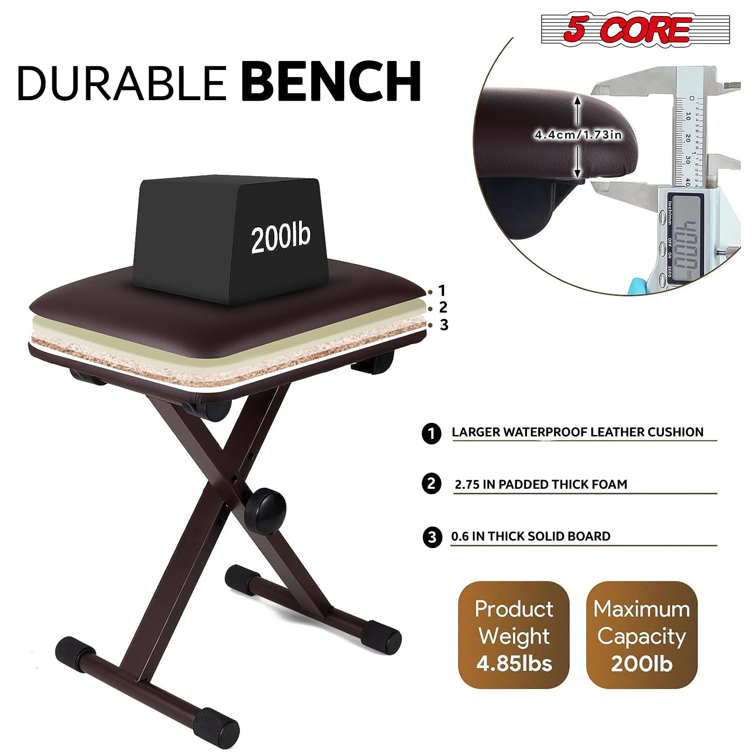 5 CORE Keyboard Bench X Style Padded Cushion Height Adjustable Piano Stool Seat Portable Keyboard