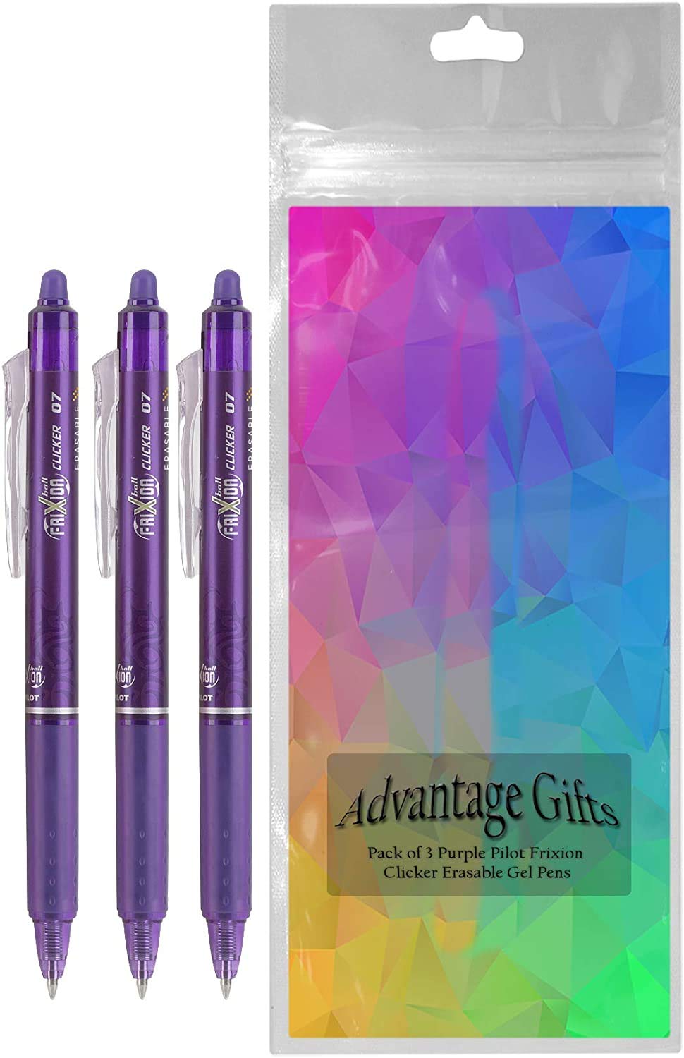 Advantage Gifts Clicker Retractable Erasable Gel Pens Fine Point (.7mm) Purple Ink 3-pk;