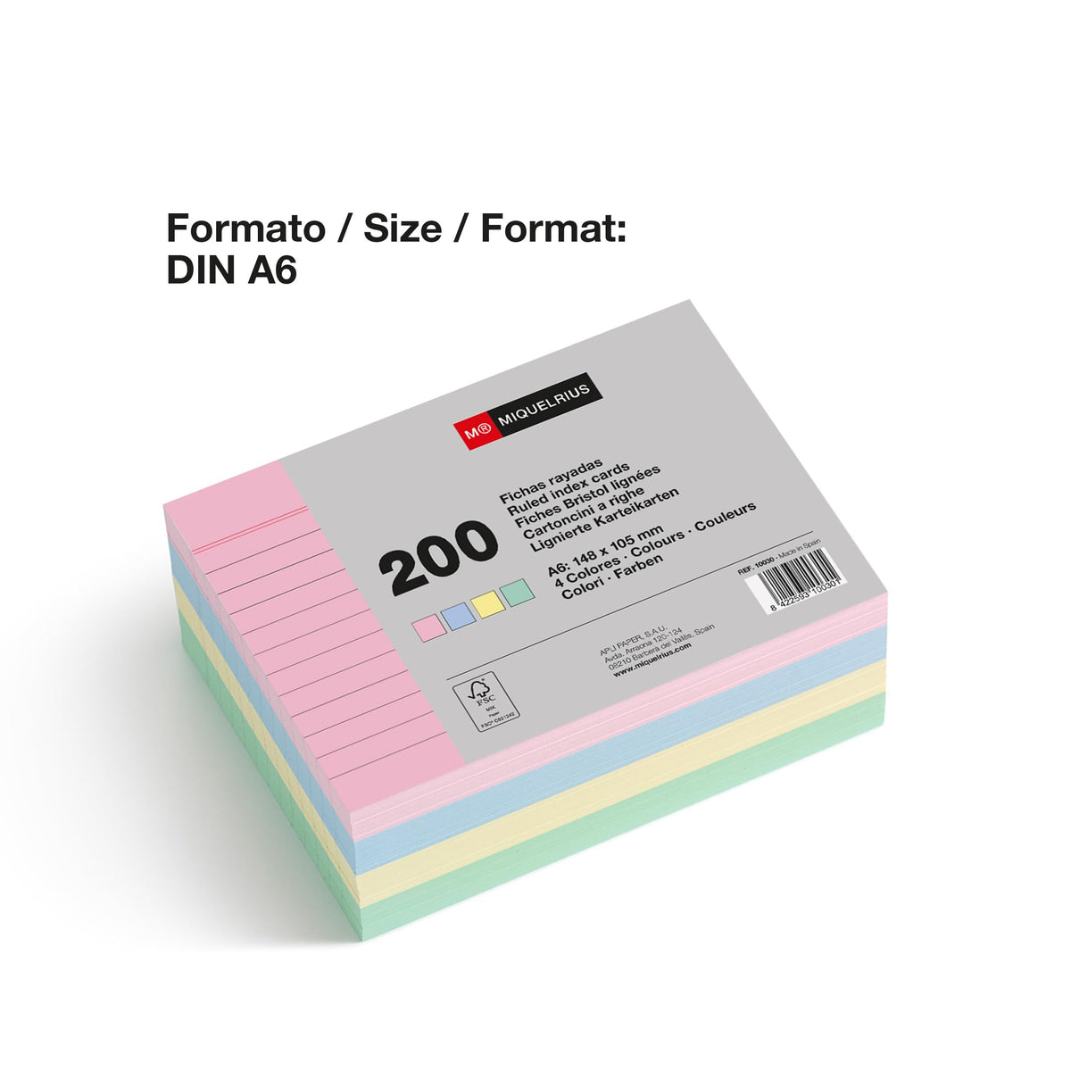 Miquelrius - Flashcards for Study, 200 Pastel Coloured Ruled Sheets, Size A6 (148 x 105 mm), Offset