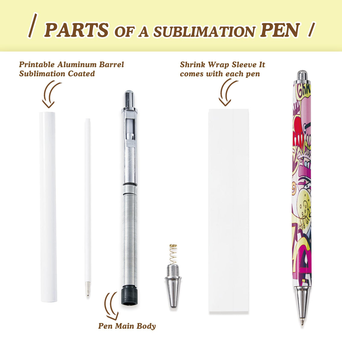 30 Pcs Sublimation Pens Blank With Shrink Wrap, No Clip Ballpoint Pen Bulk
