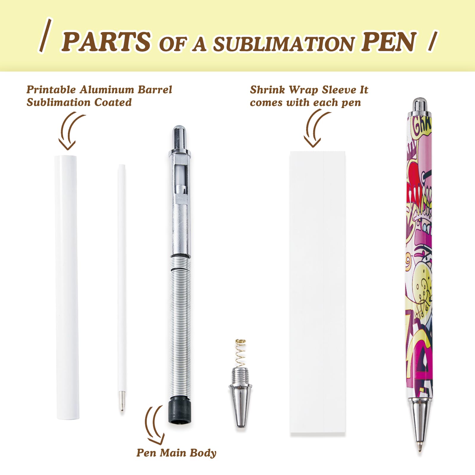 30 Pcs Sublimation Pens Blank With Shrink Wrap, No Clip Ballpoint Pen Bulk