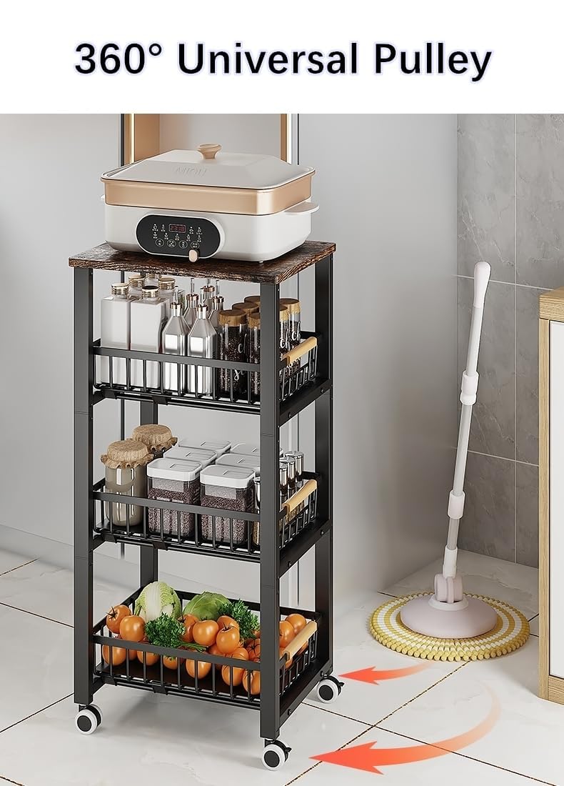 KOLENSA Metal Wire Baskets with Wheels, Stackable Storage Bins Kitchen Organizer Shelf, Multi Layer