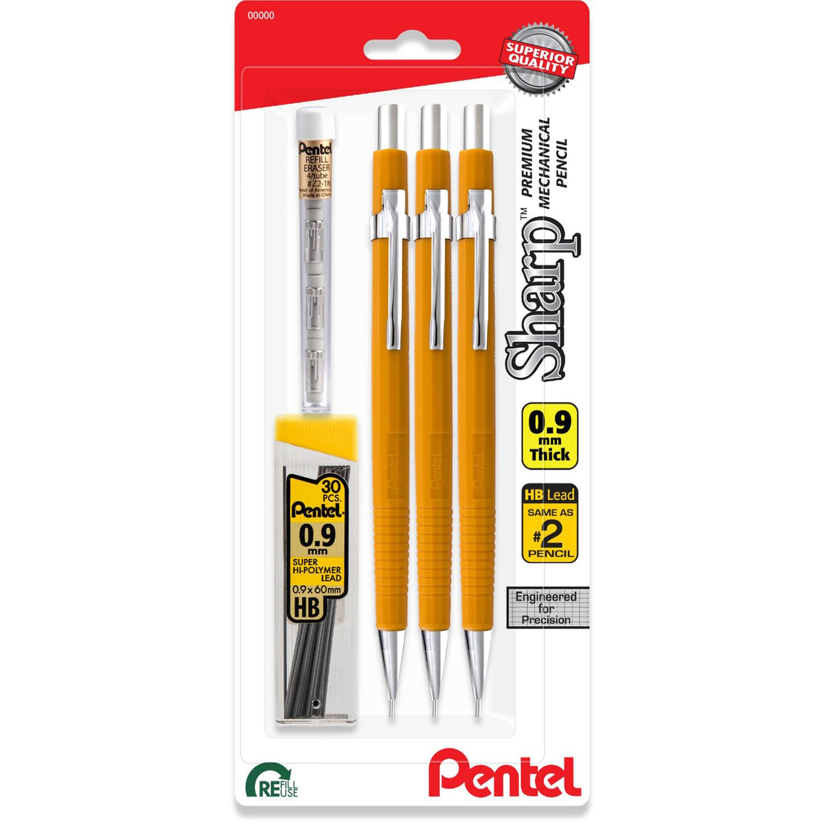 Pentel Sharp Mechanical Pencil 0.9mm With Lead & Eraser Refills, Yellow Barrel - Pack of 3