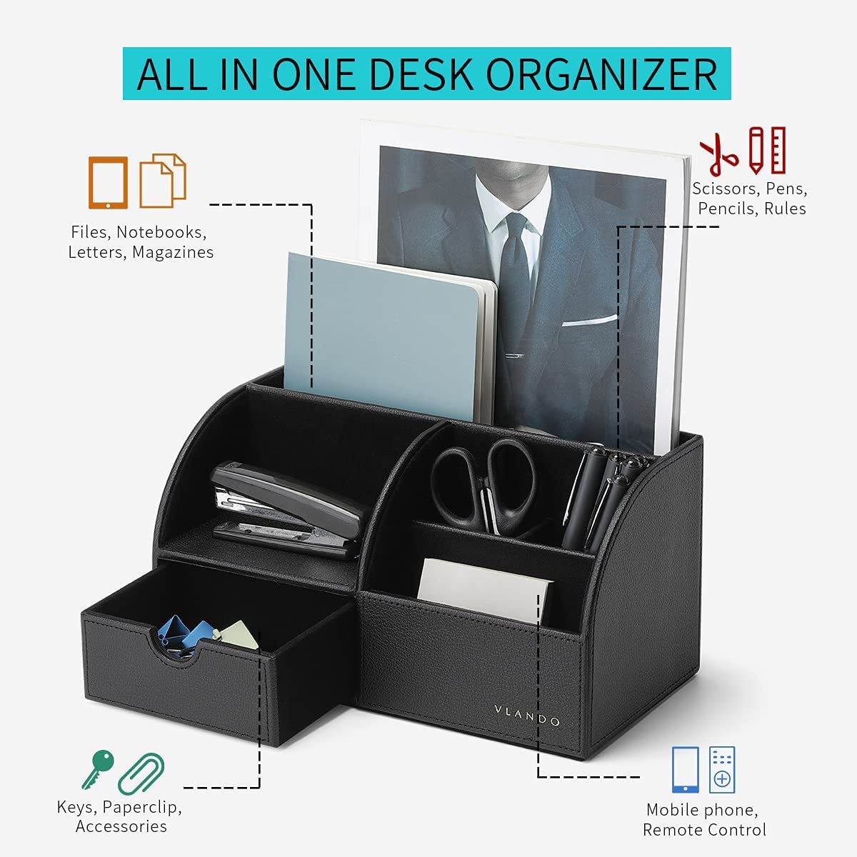VLANDO Office Desk Organizer Leather Desktop Organizer Caddy with Drawer for Storing Desktop
