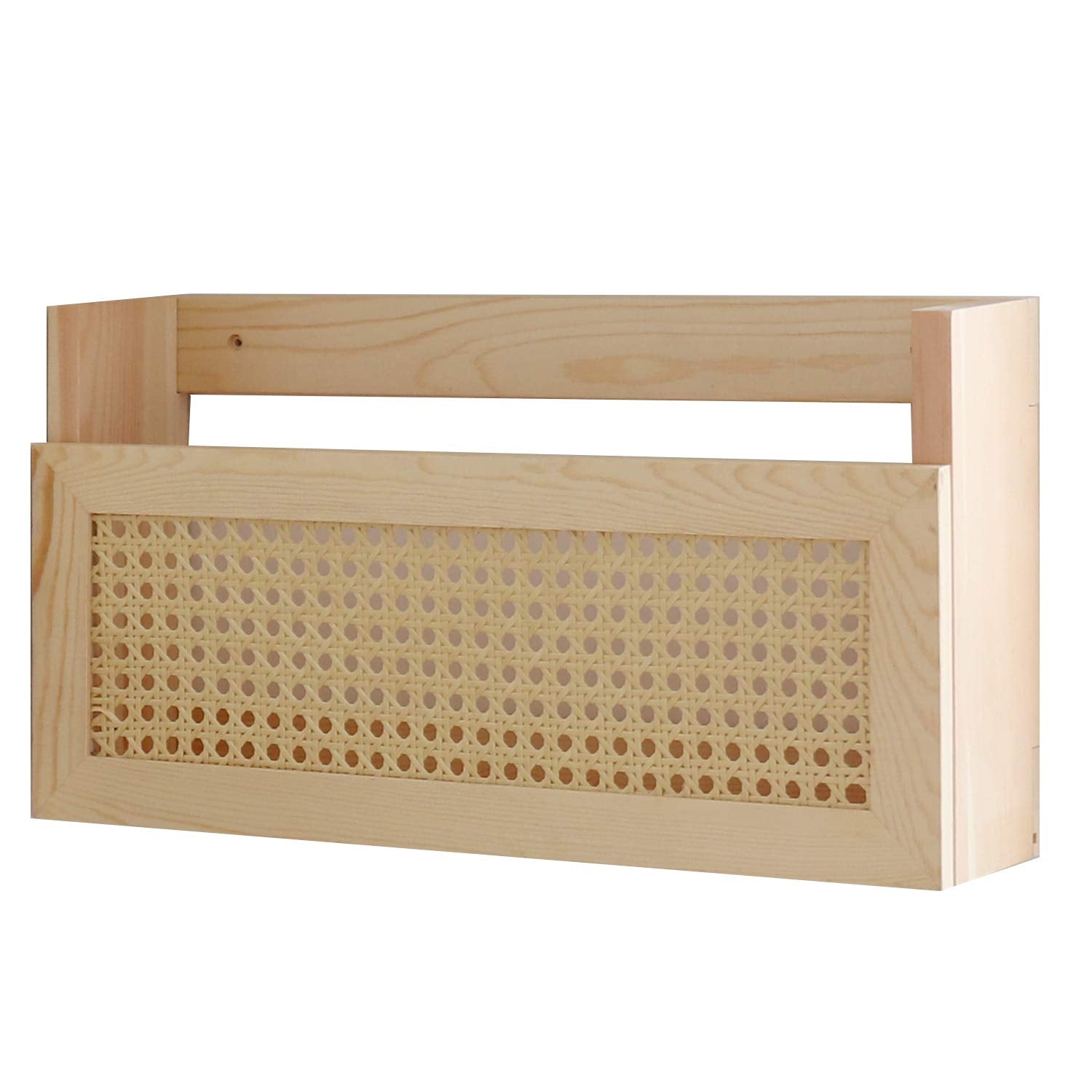 FIRADE Wood Magazine Wall Rack with PE Rattan Grid,Size 17.3" x 4" x 9.4",File Holder For