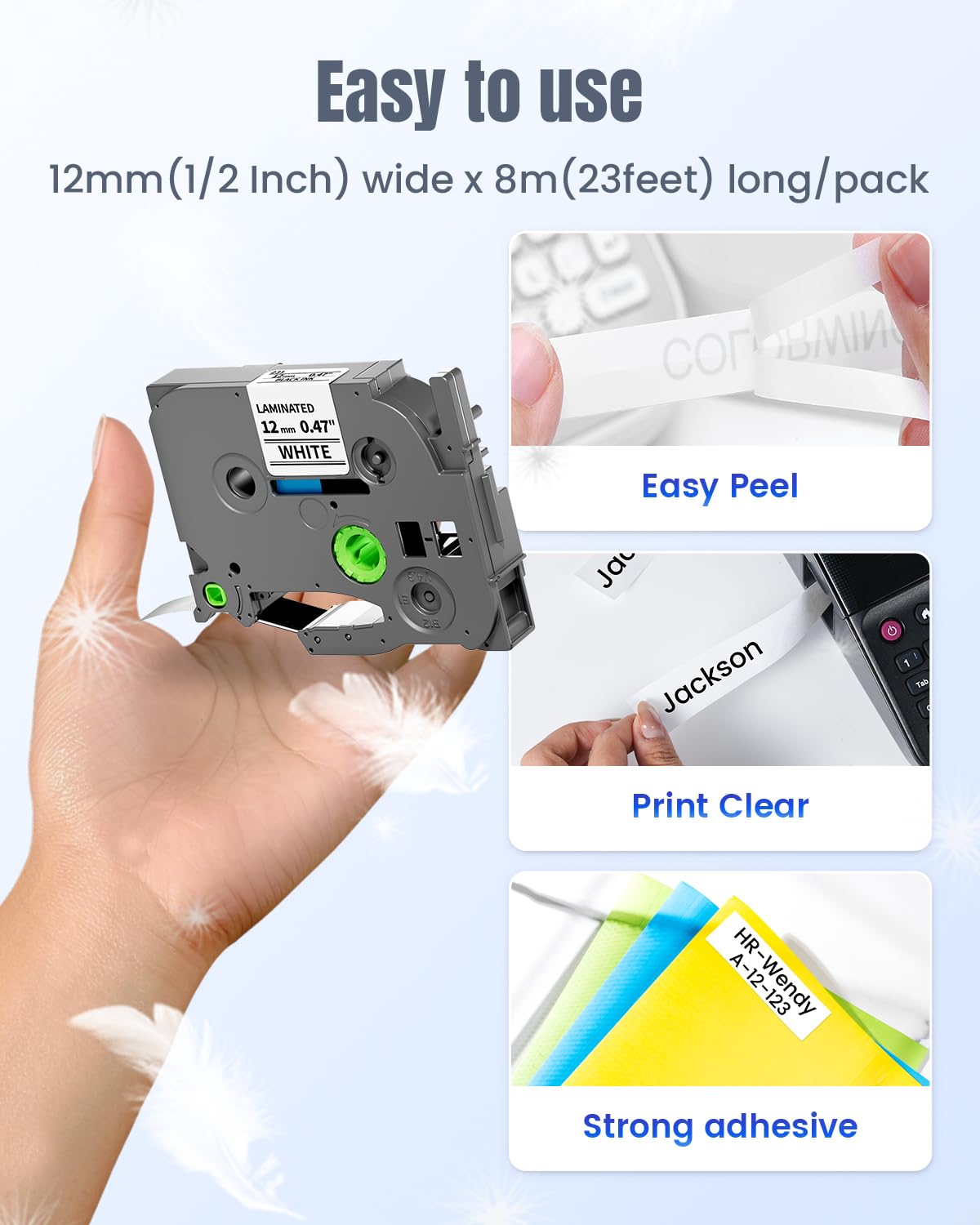 TZe 12mm 0.47 Laminated White Tape Compatible with Brother P Touch Label