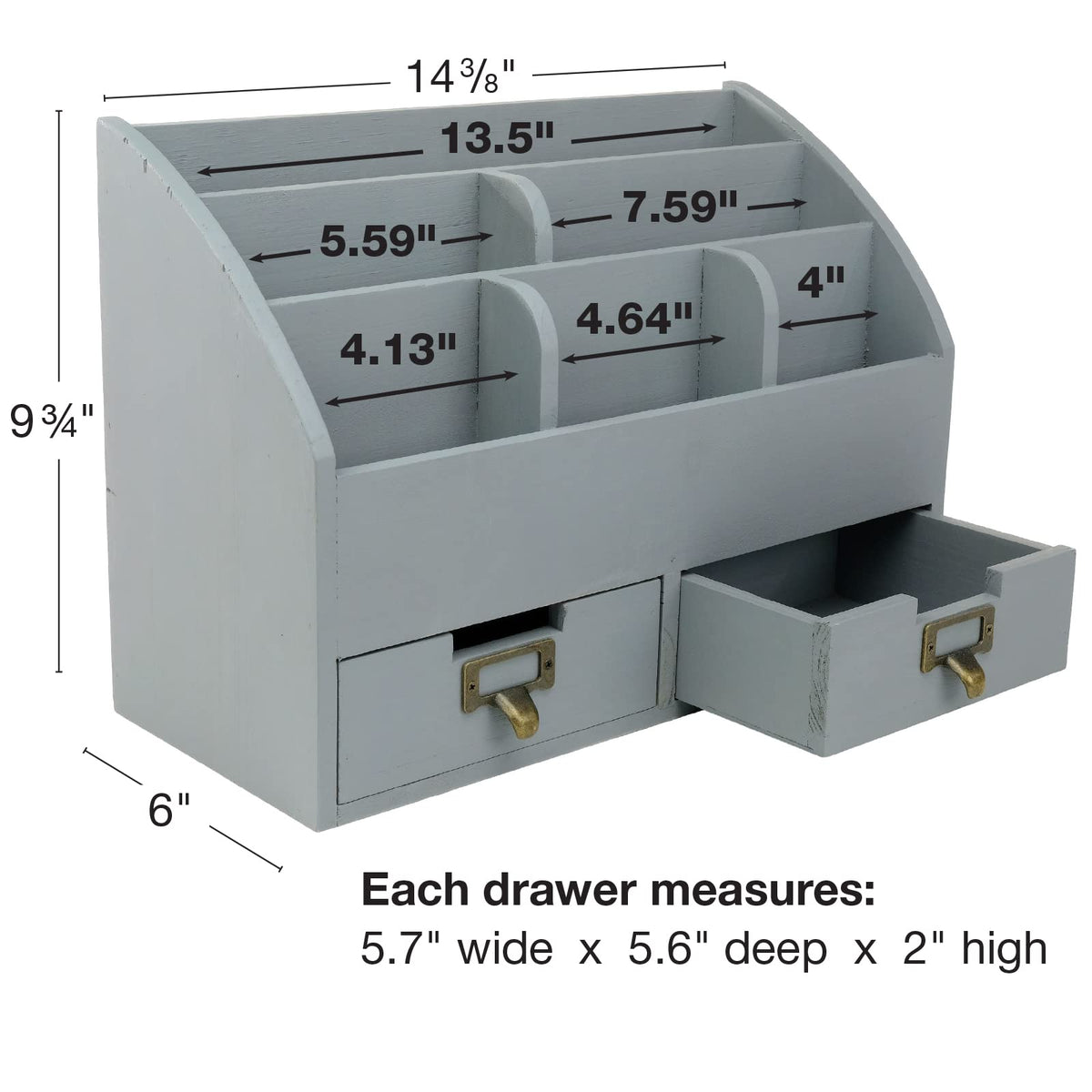 Wood Desk Organizer, 6 Compartments 2 Drawer Supplies Rack - Solid Gray