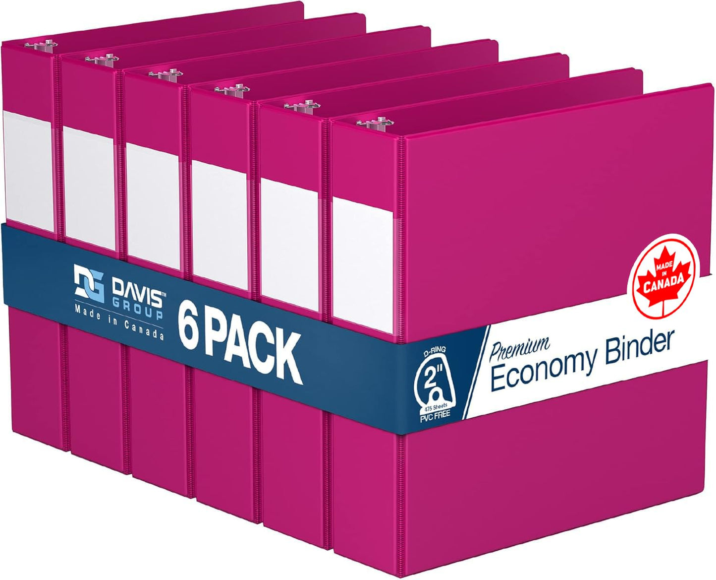 Premium Economy 3-Ring Binder, Spine Label, 2" D Rings, Pink, 6 Pack
