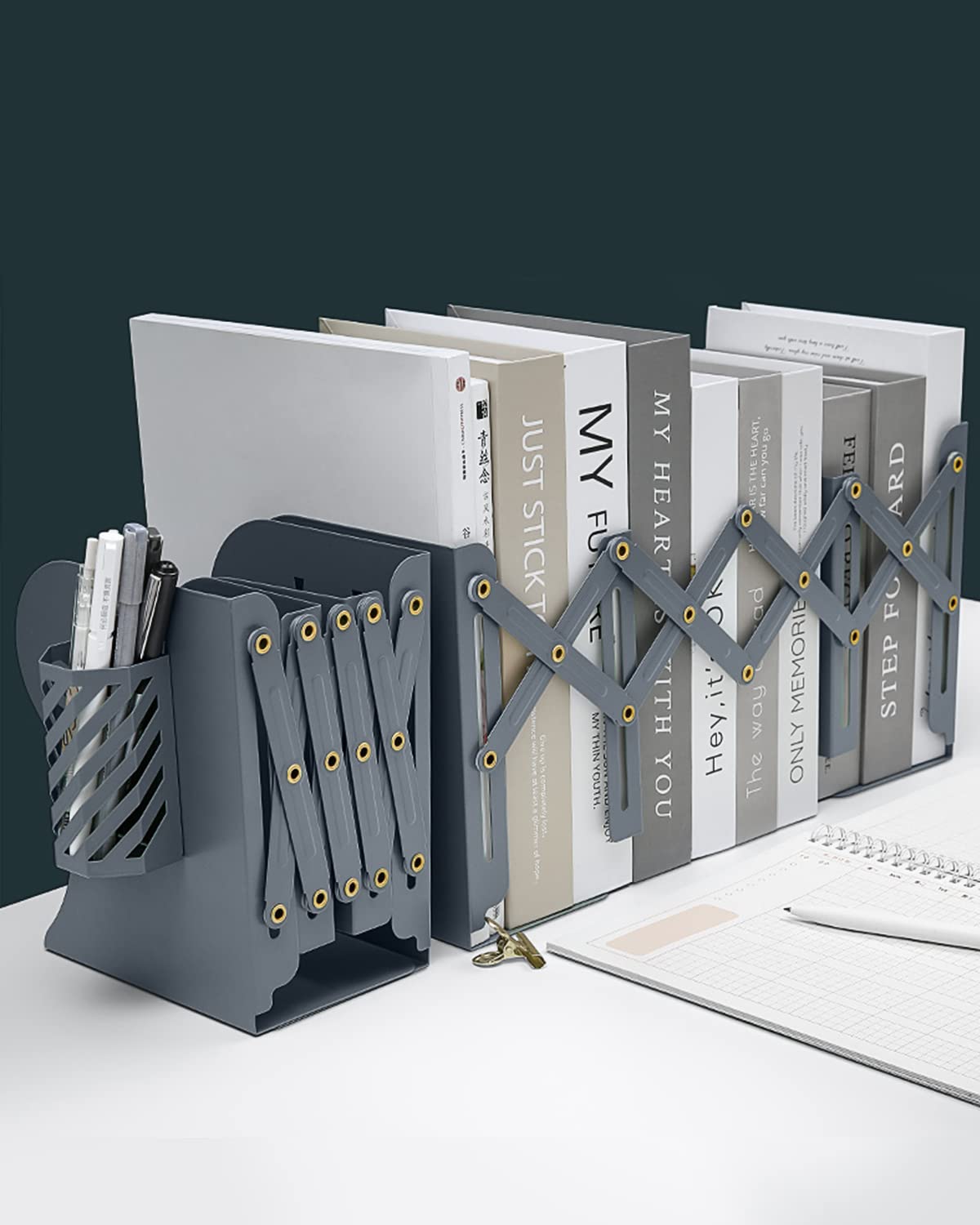 MSDADA Adjustable Bookends, Book Ends for Heavy Books, Expandable Book Organizer with Pen Holder