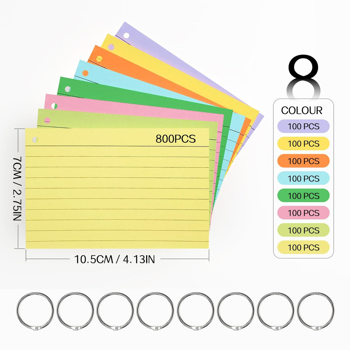 800 PCS Colored Index Cards, 3x5 Inches Flash Cards with Ring