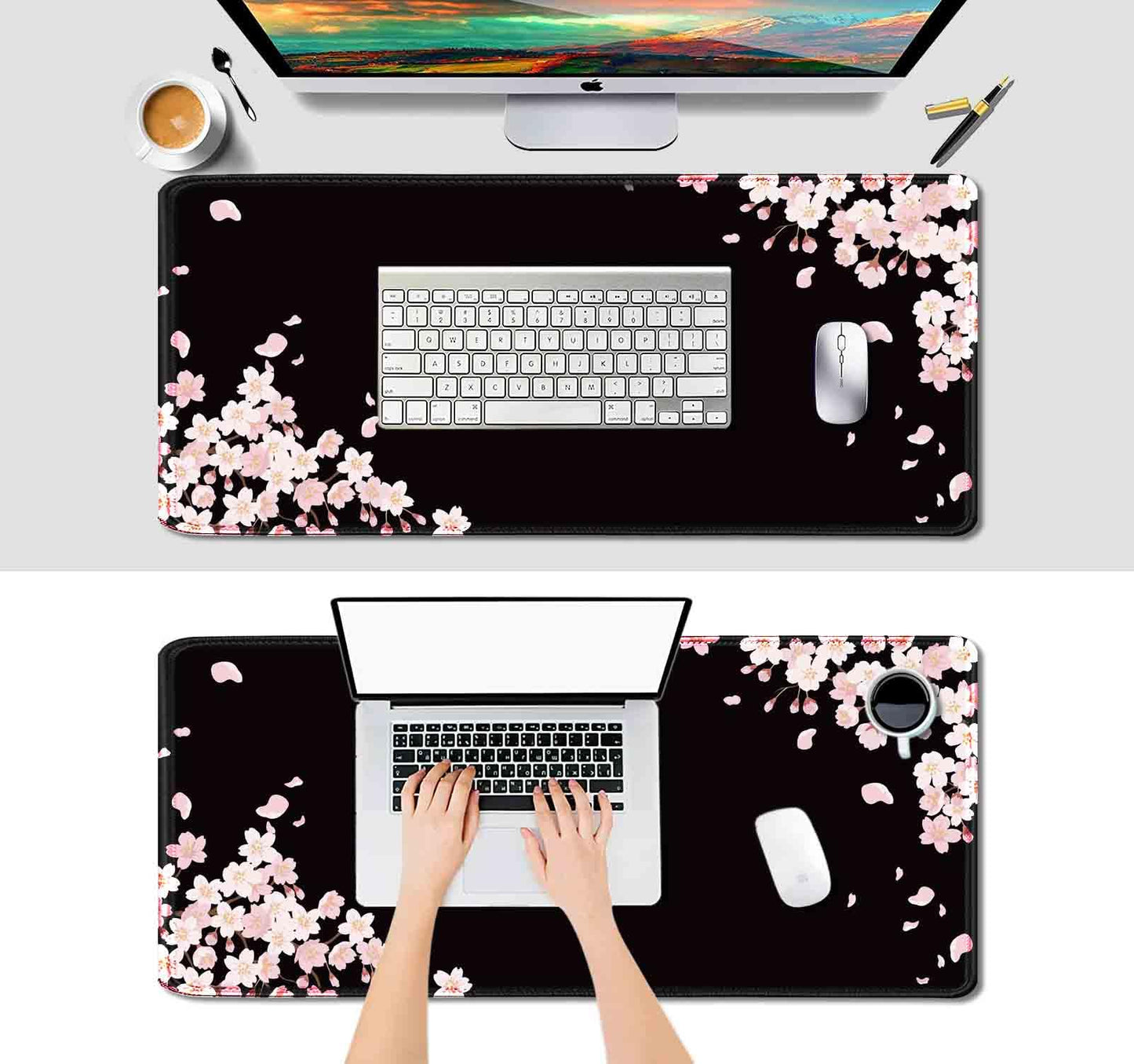IMAYONDIA Ethereal Sakura Nightfall Desk Pad (35.4x15.7 in), Cherry Blossom Large Gaming Mouse Pad