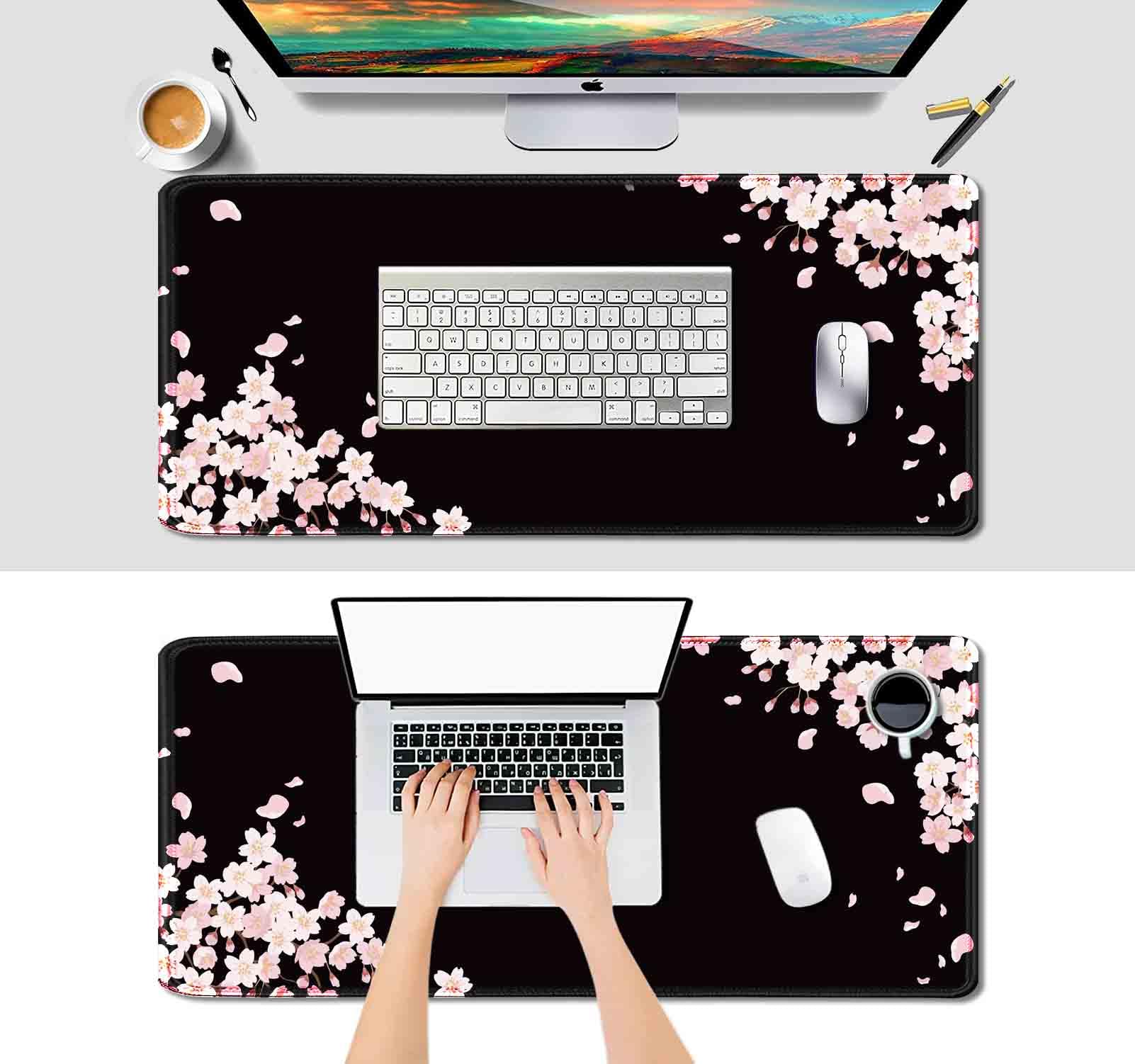 IMAYONDIA Ethereal Sakura Nightfall Desk Pad (35.4x15.7 in), Cherry Blossom Large Gaming Mouse Pad