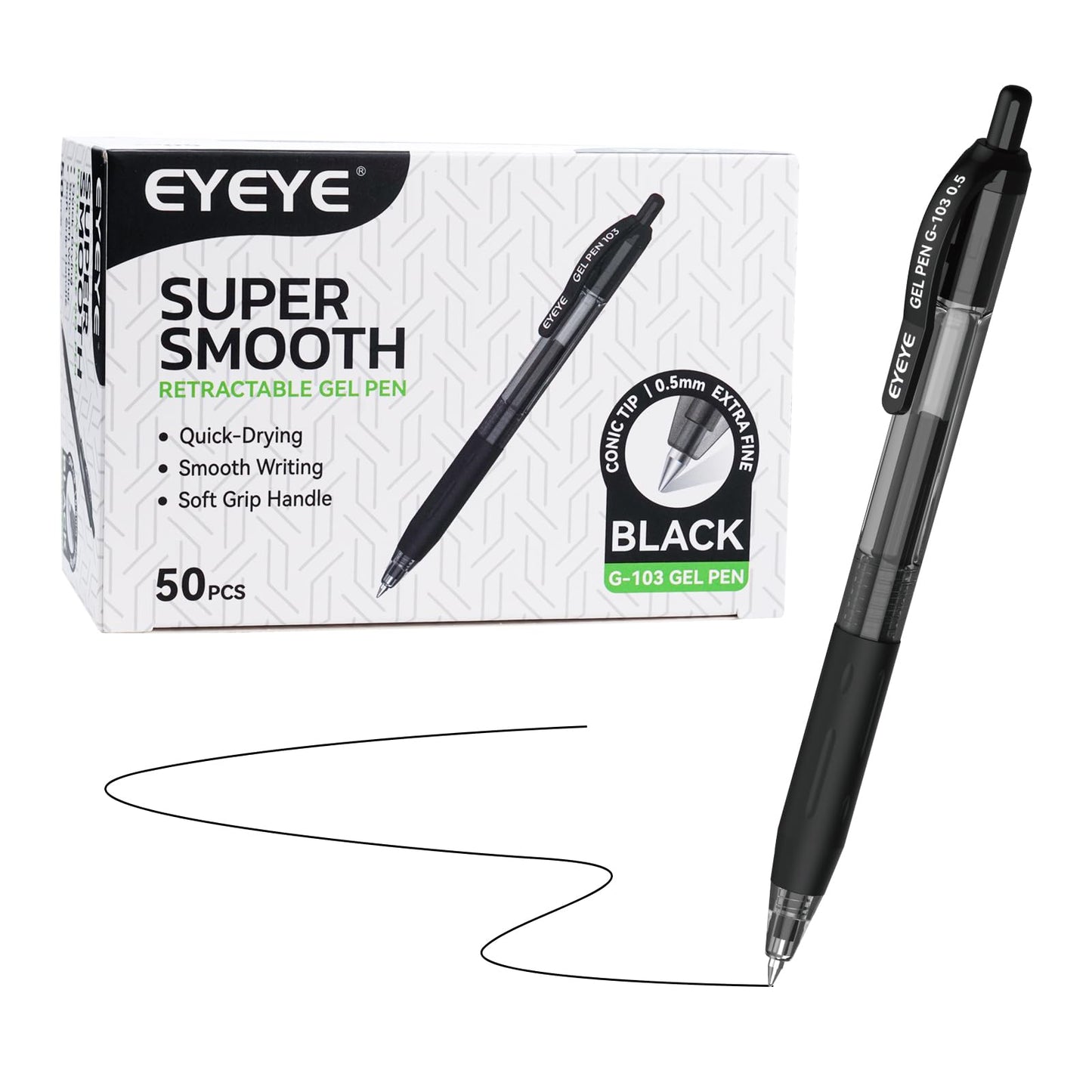 EYEYE G-103 Retractable Gel Pens Black 50 Pack, 0.5mm Extra Fine Point Ink Pen Quick Dry, Ballpoint