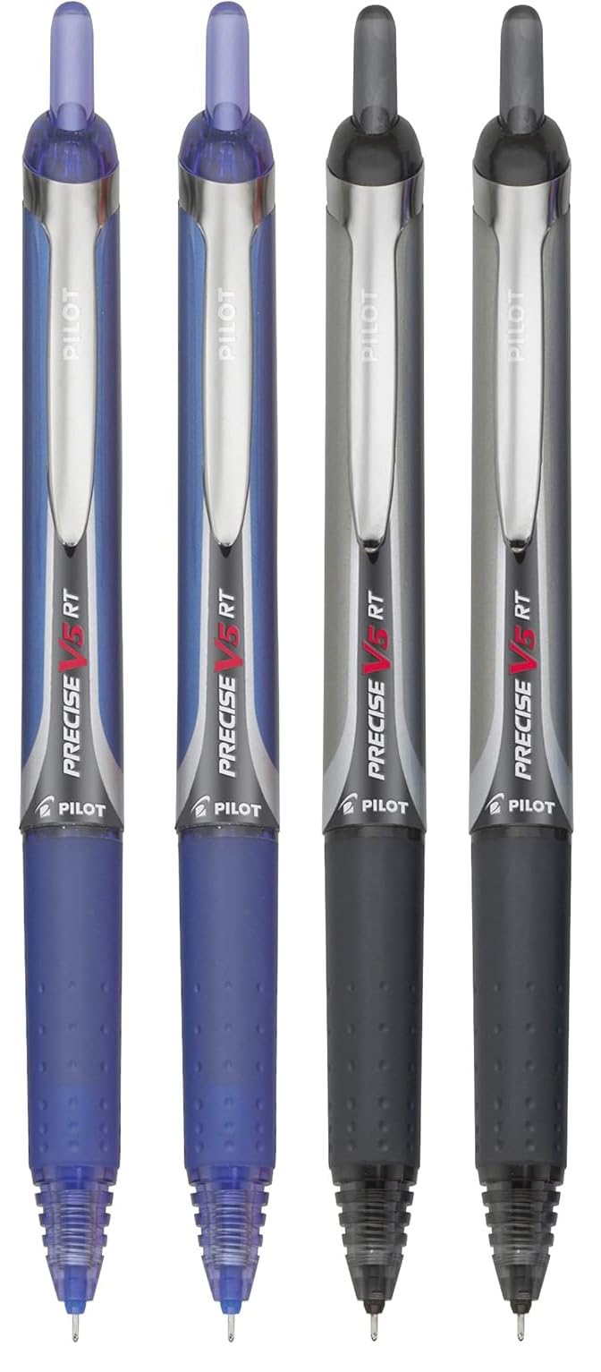 Precise V5 RT Retractable Rollerball Pens, 0.5mm Extra, Blue & Black, 4-PK