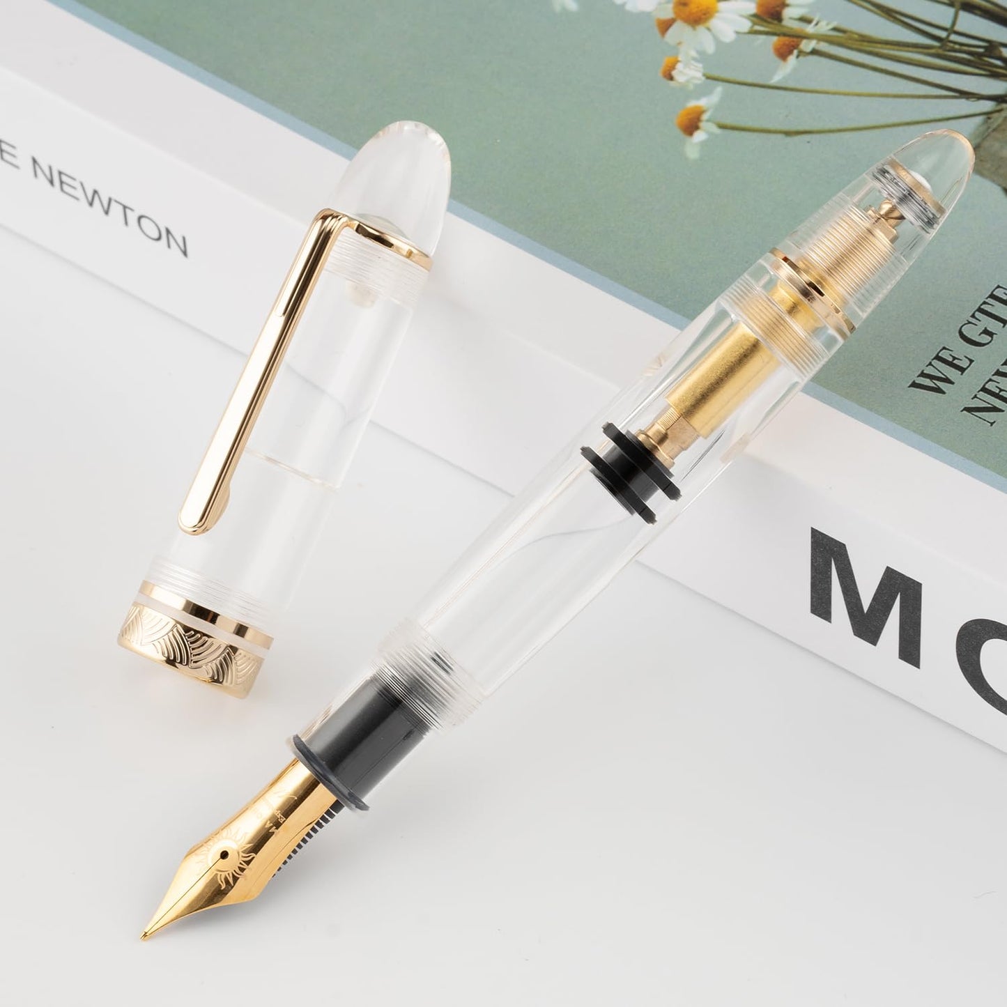 erofa Majohn P140 Piston Fountain Pen NO.8 Fine Nib, Large Capacity Transparent White Acrylic