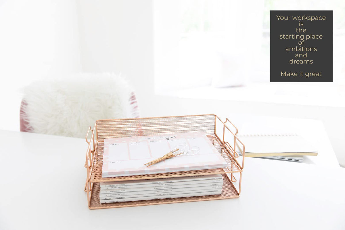 BLU MONACO | Rose Gold Mesh Paper Tray Set of 2 | Stackable Letter Trays for Desk Organization |