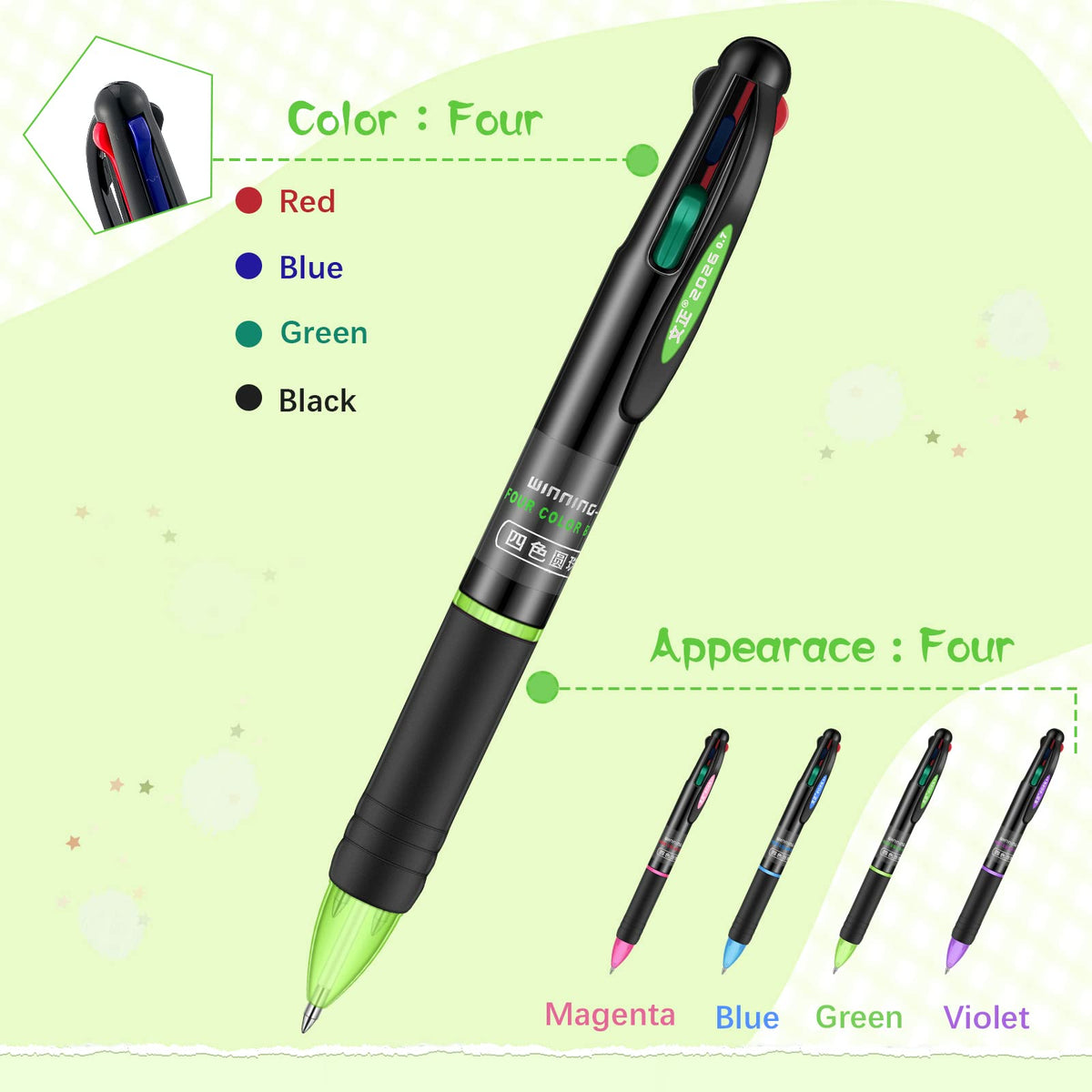 Geyee 96 Pack 4 Color Pens Retractable, 0.7 Mm Ballpoint Pen for Office