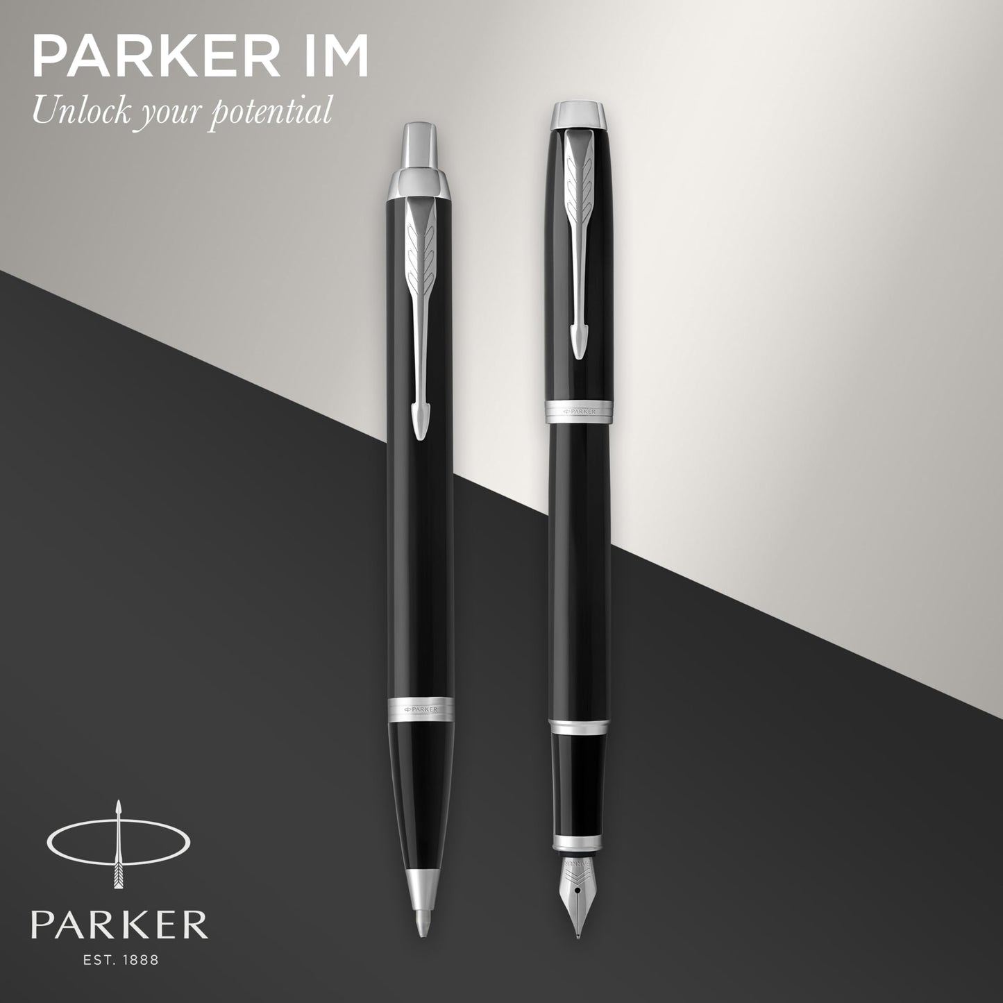 PARKER IM Duo Pen Set | Fountain Pen, Ballpoint Pen & Pen Pouch | Black Lacquer Finish with Chrome