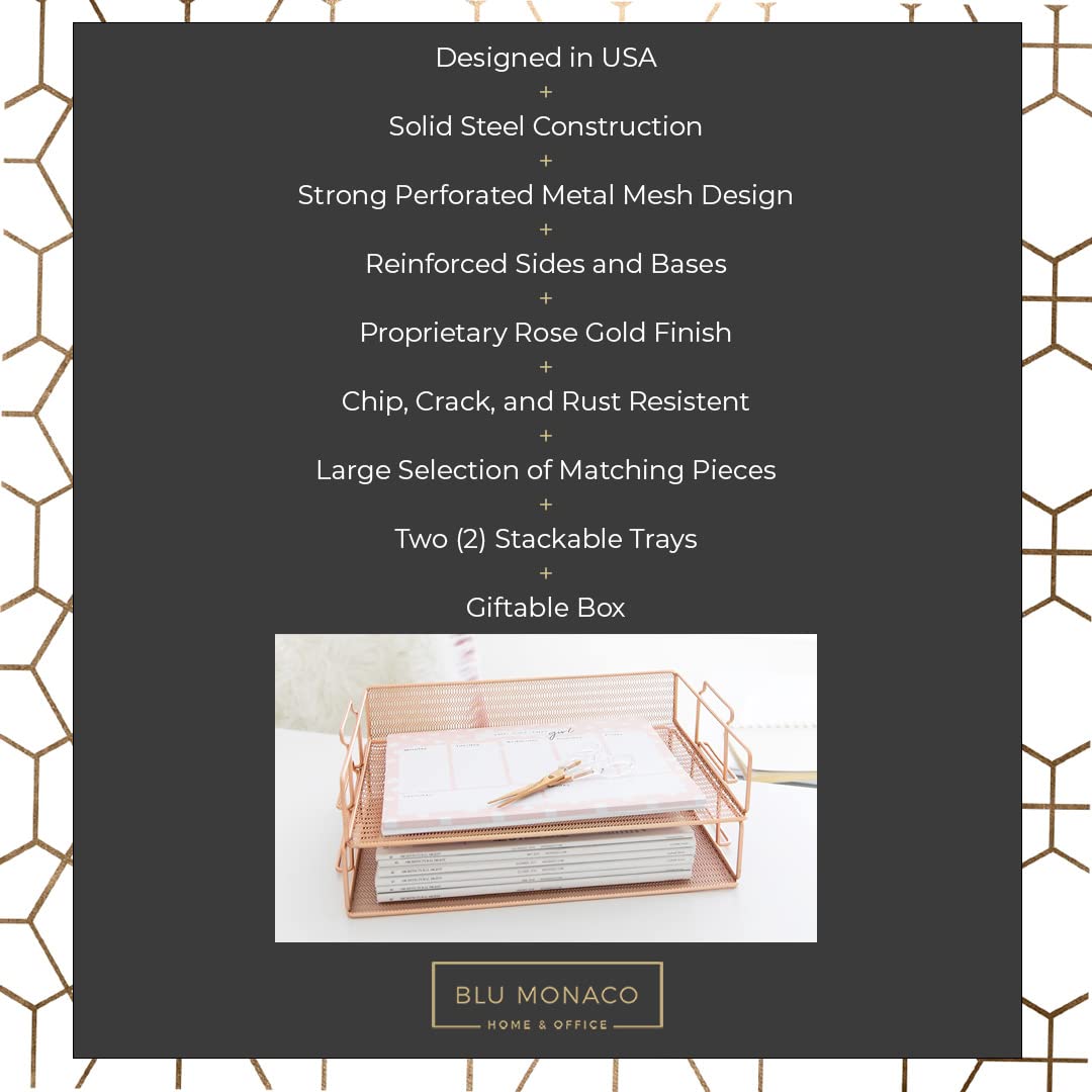 BLU MONACO | Rose Gold Mesh Paper Tray Set of 2 | Stackable Letter Trays for Desk Organization |