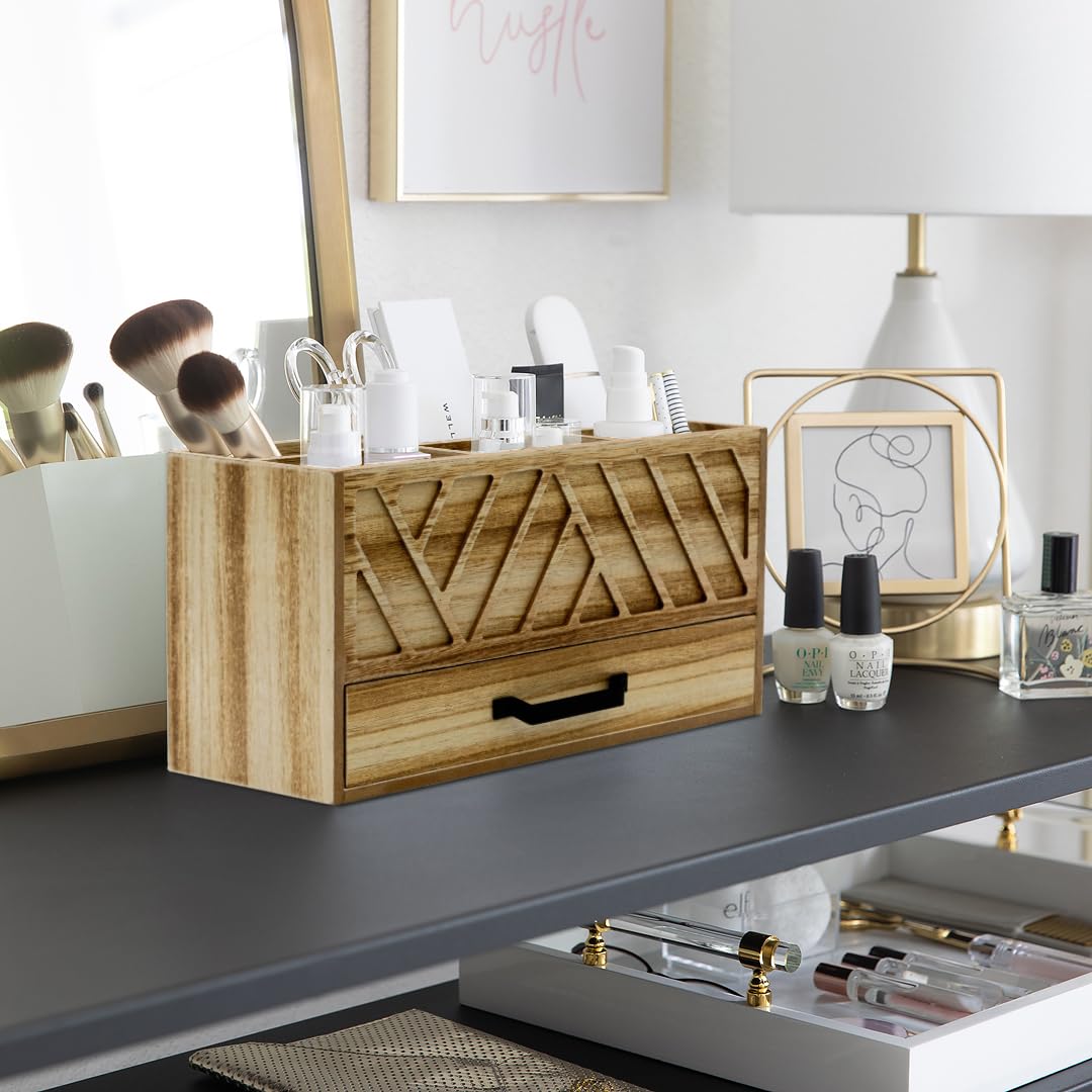 BLU MONACO Natural Wood Desktop Pen Organizer with Drawer - Stylish and Versatile Pen Holder and
