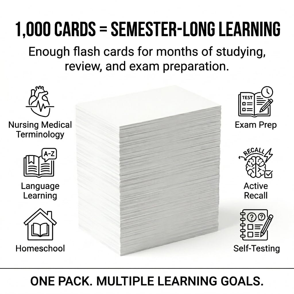 Mini White Flash Cards 2" x 3.5", 1,000 Study Cards, Made in USA