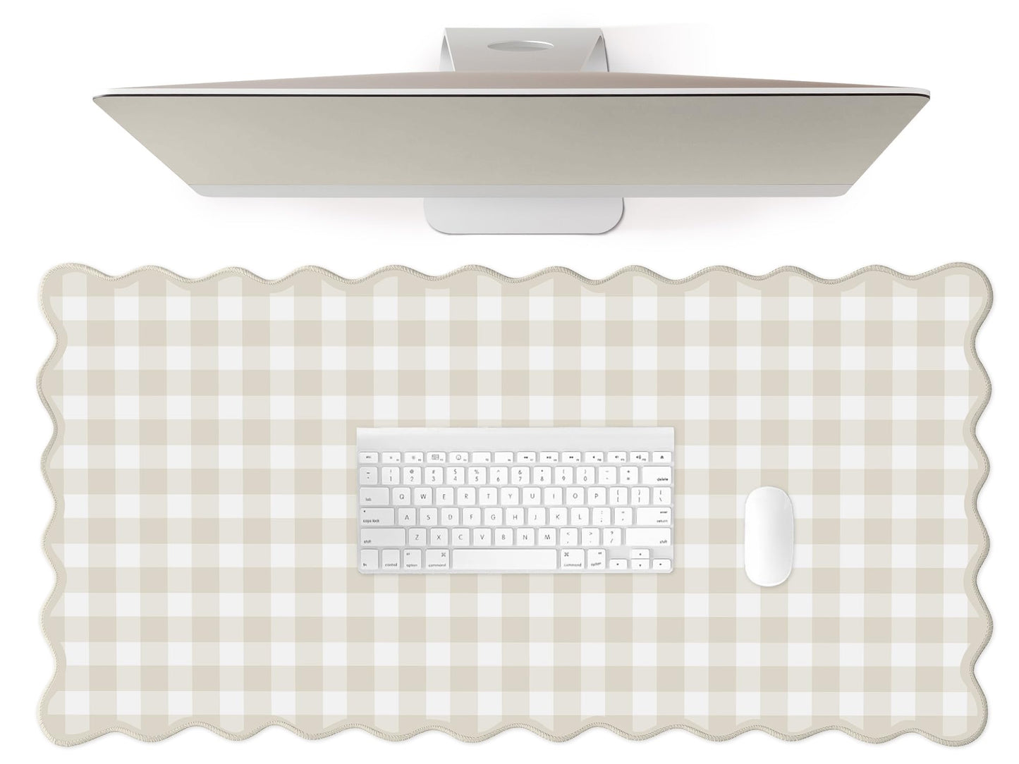 ohisxiacy Scalloped‌ Beige Checkered Gingham Desk Mat Cute Pastel Large Mouse Pad Kawaii