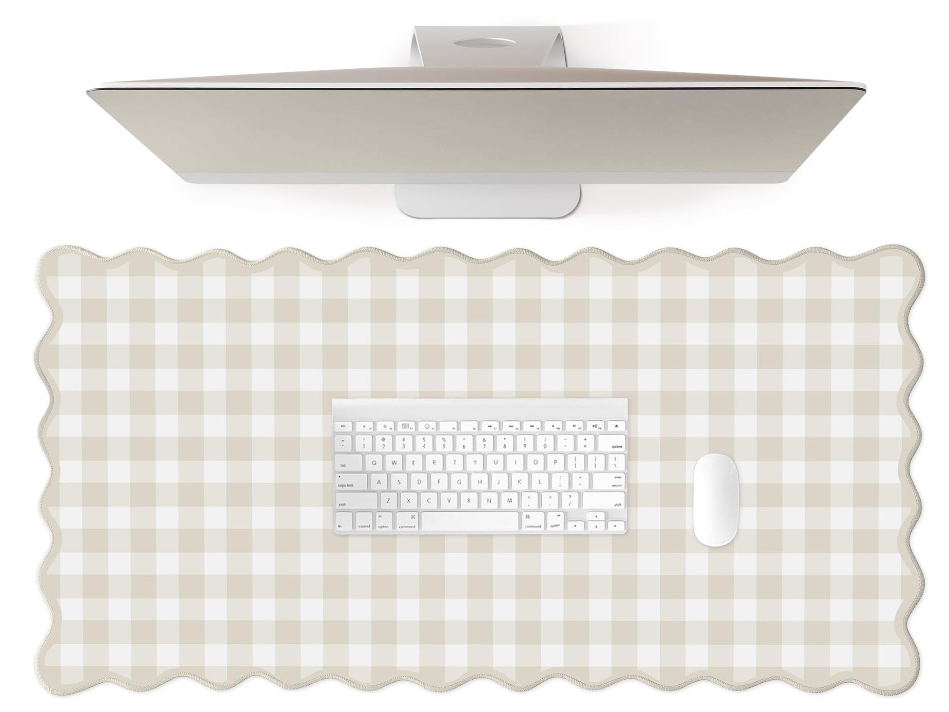 ohisxiacy Scalloped‌ Beige Checkered Gingham Desk Mat Cute Pastel Large Mouse Pad Kawaii