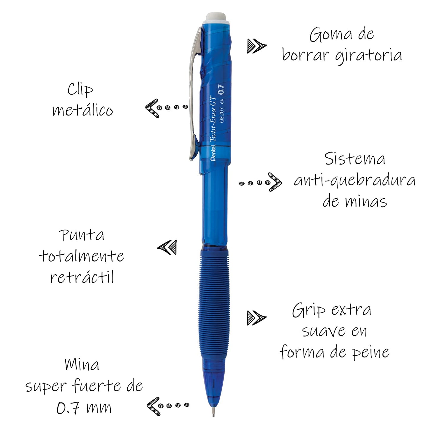 Pentel Twist-Erase GT, 0.7mm, Mechanical Pencil Transparent Blue, Box of 12 (QE207C)