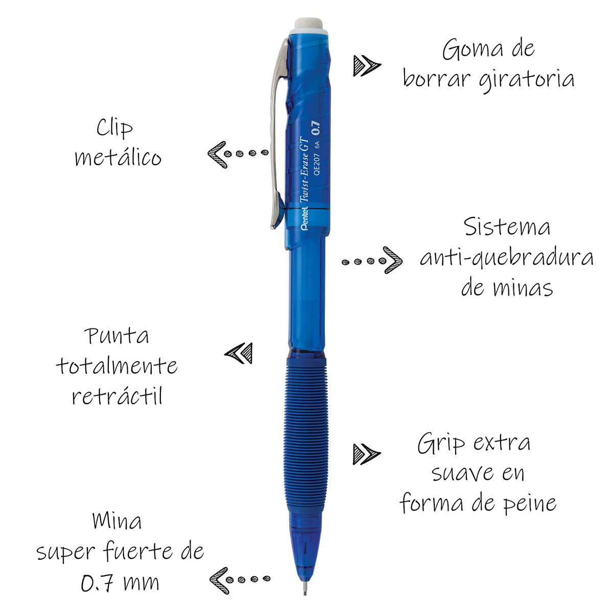Pentel Twist-Erase GT, 0.7mm, Mechanical Pencil Transparent Blue, Box of 12 (QE207C)