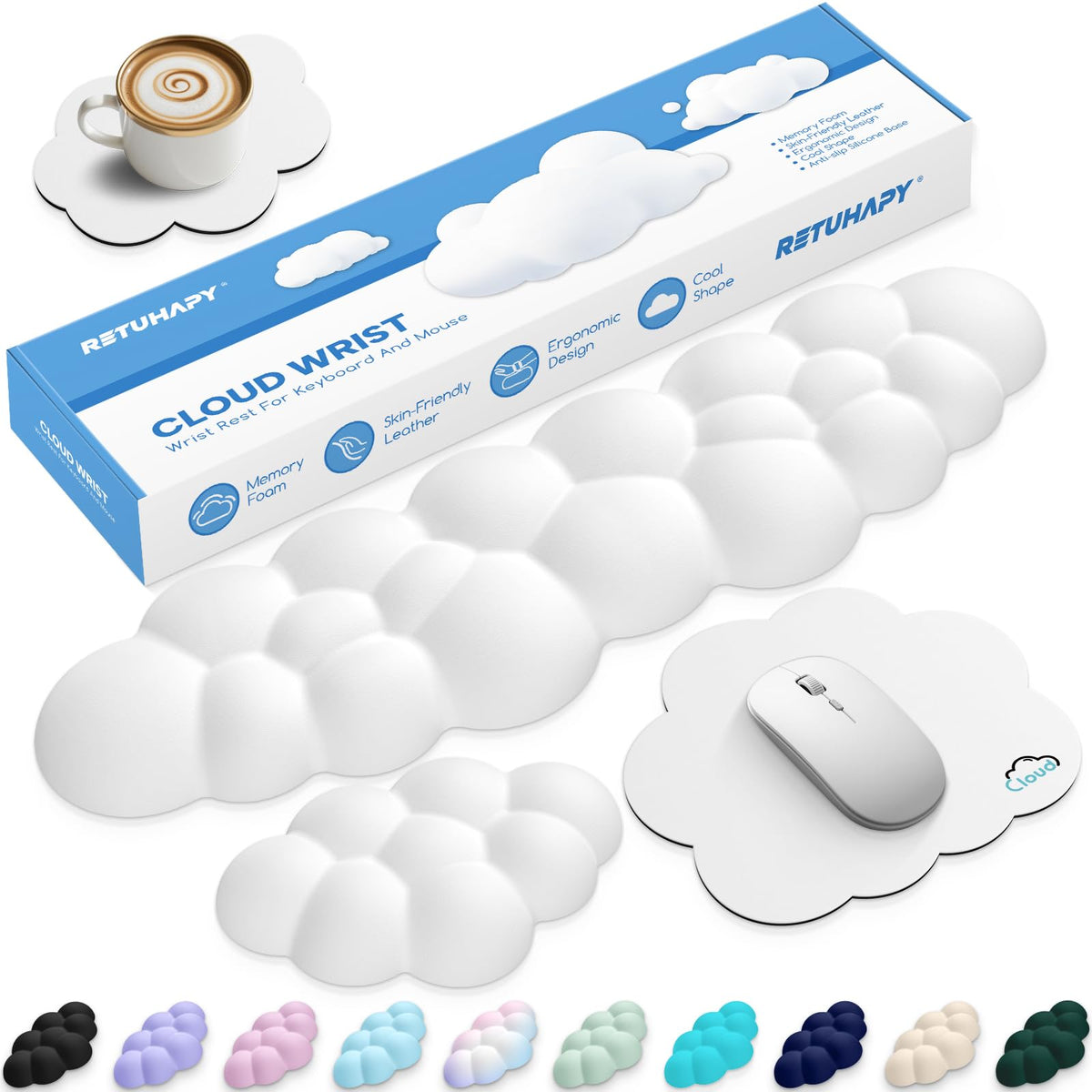 Retuhapy Cloud Wrist Rest Keyboard Cushion and Cloud Mouse Pad, White