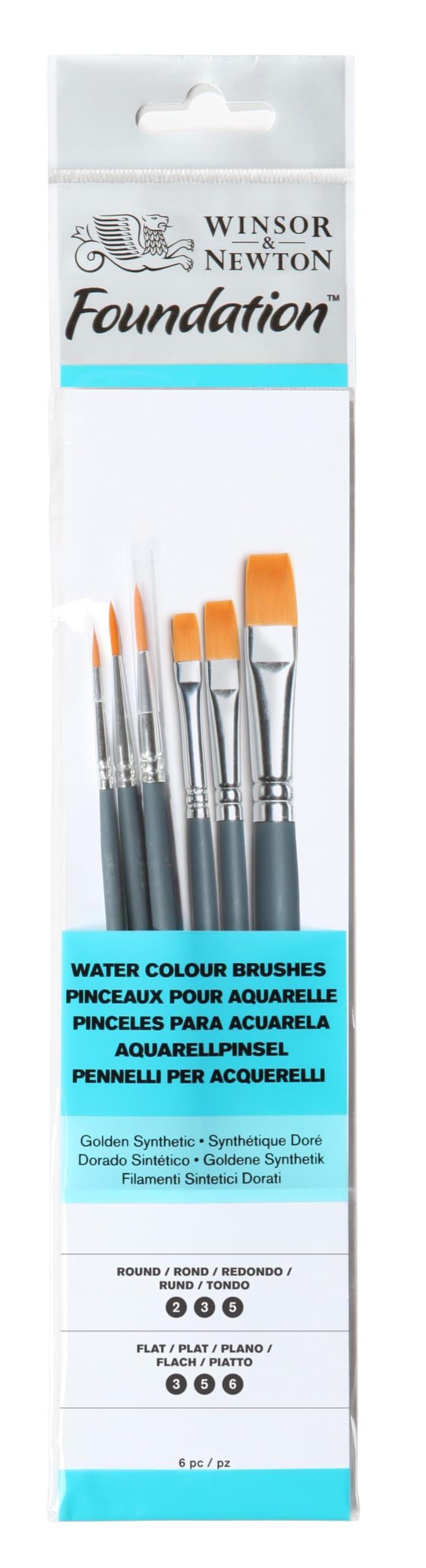 Winsor & Newton Foundation Watercolour Brush Set, SH, Round & Flat, 6 Pack