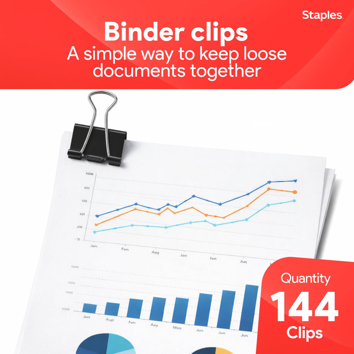 Staples Medium Binder Clips, 0.63 Inch Capacity, Black, 144 Clips/Pack
