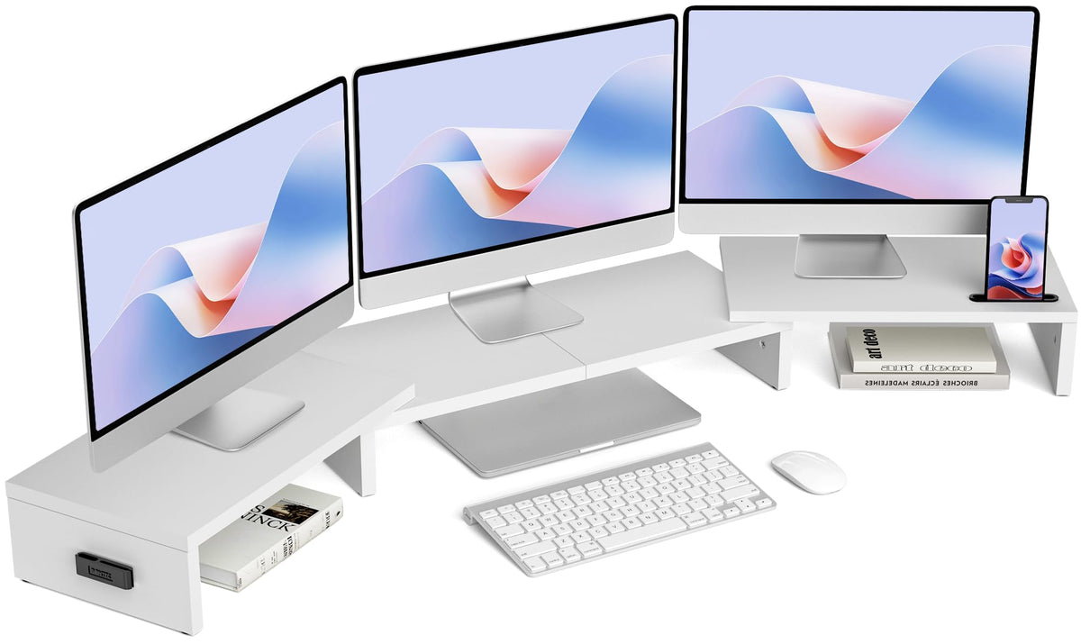BONTEC Triple Monitor Stand Riser with Smartphone Holder, White