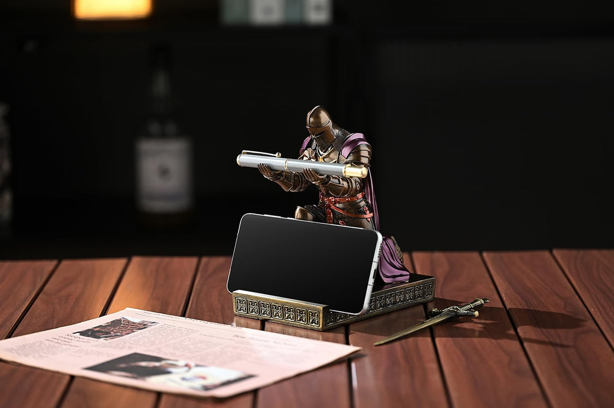 Medieval Armored Knight Pen Holder Figurine Paperweight Phone Stand Brn&Pur