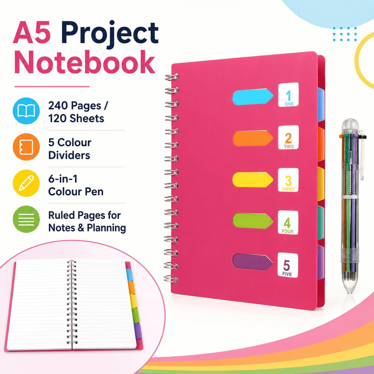 KESOTE 5 Subject Spiral Notebook with Divider Tabs, A5 Wide Ruled 5.7" × 8.5" Hardcover Tabbed