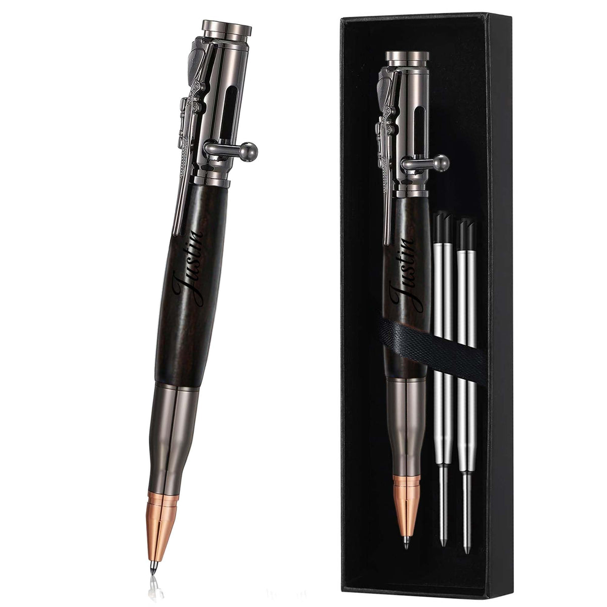 Personalized Bolt Action Pen, Free Engraved Wood Metal Ballpoint Pen with 2 Refills, Customized Pen