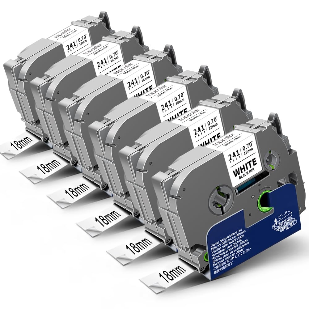 6-Pack Compatible for Brother Tze-241 18mm 0.7" Laminated White Label Tape
