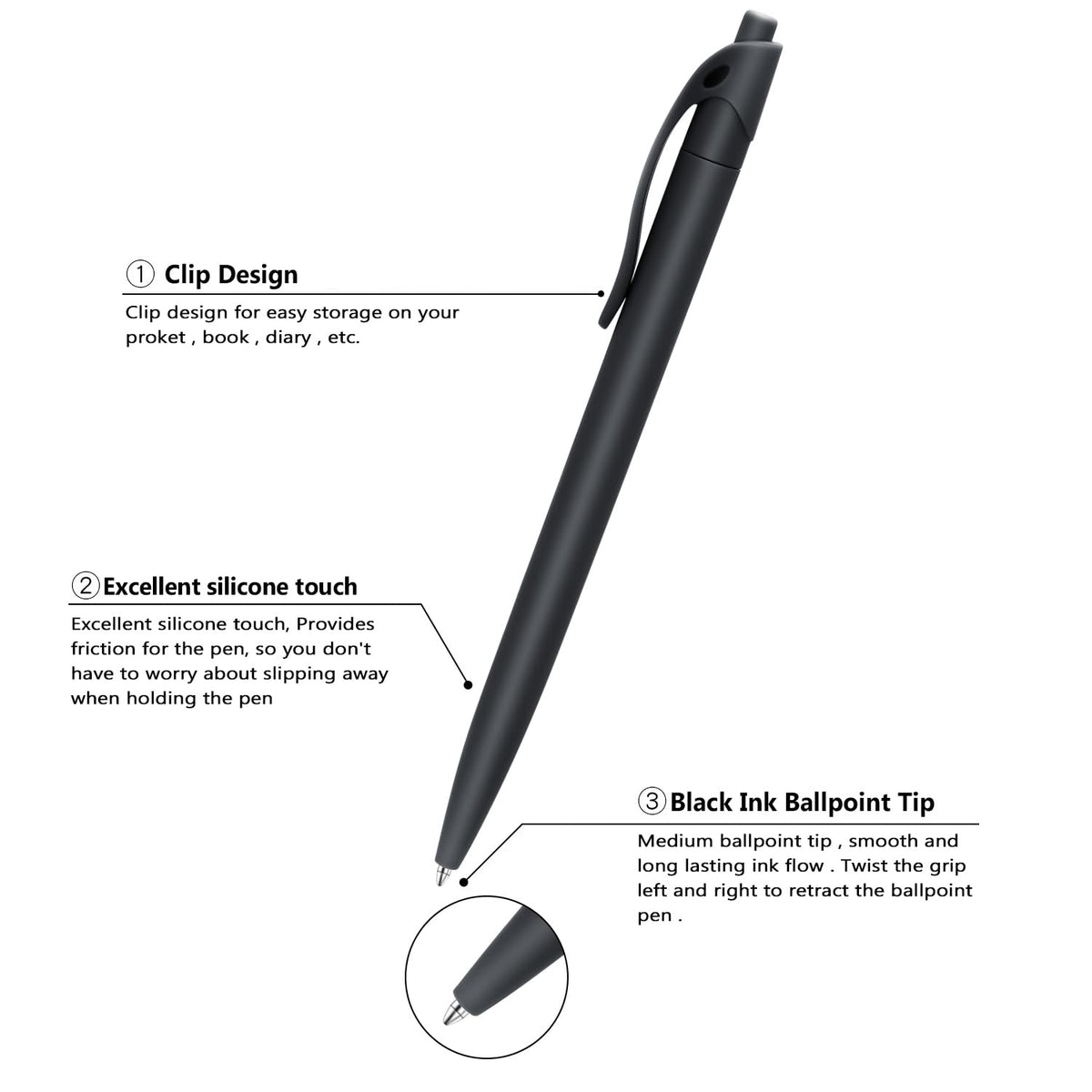 Aozora Pens Bulk,80 Pack Black Click Pens No Bleed,Wholesale Retractable Ballpoint Pens Medium