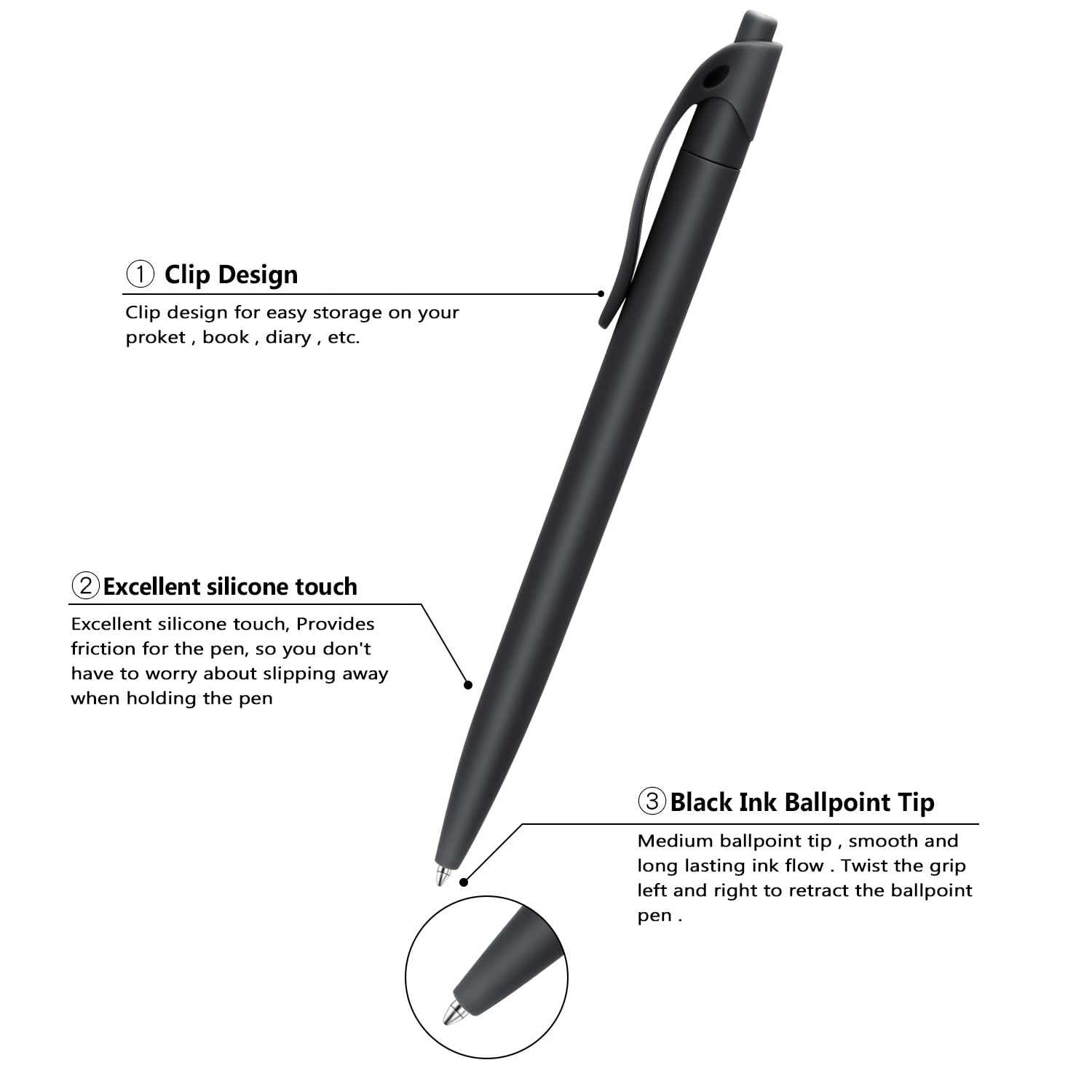 Aozora Pens Bulk,80 Pack Black Click Pens No Bleed,Wholesale Retractable Ballpoint Pens Medium