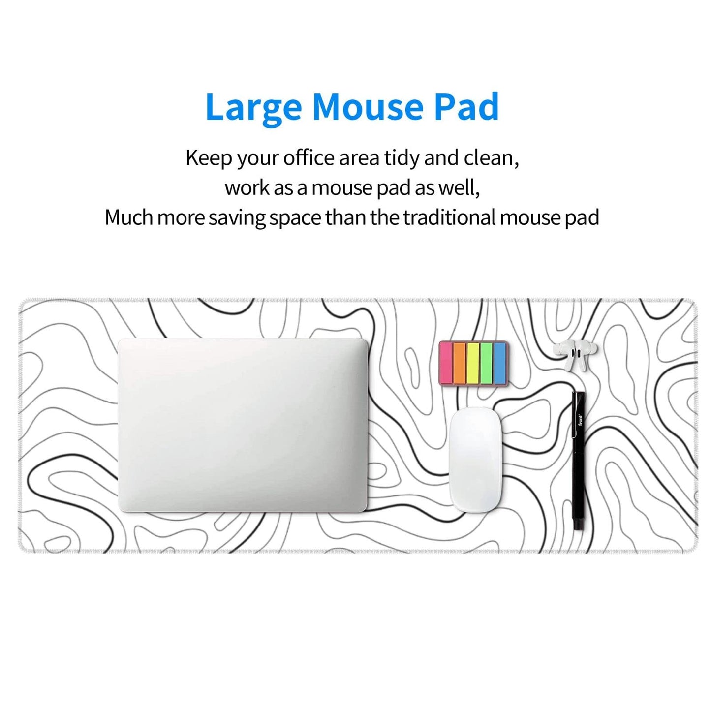 White Extended Gaming Mouse Pad - 31.5 x 11.8 Inch Black and White Topographic Mouse Pad with