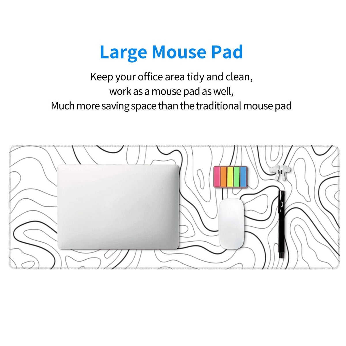 White Extended Gaming Mouse Pad - 31.5 x 11.8 Inch Black and White Topographic Mouse Pad with
