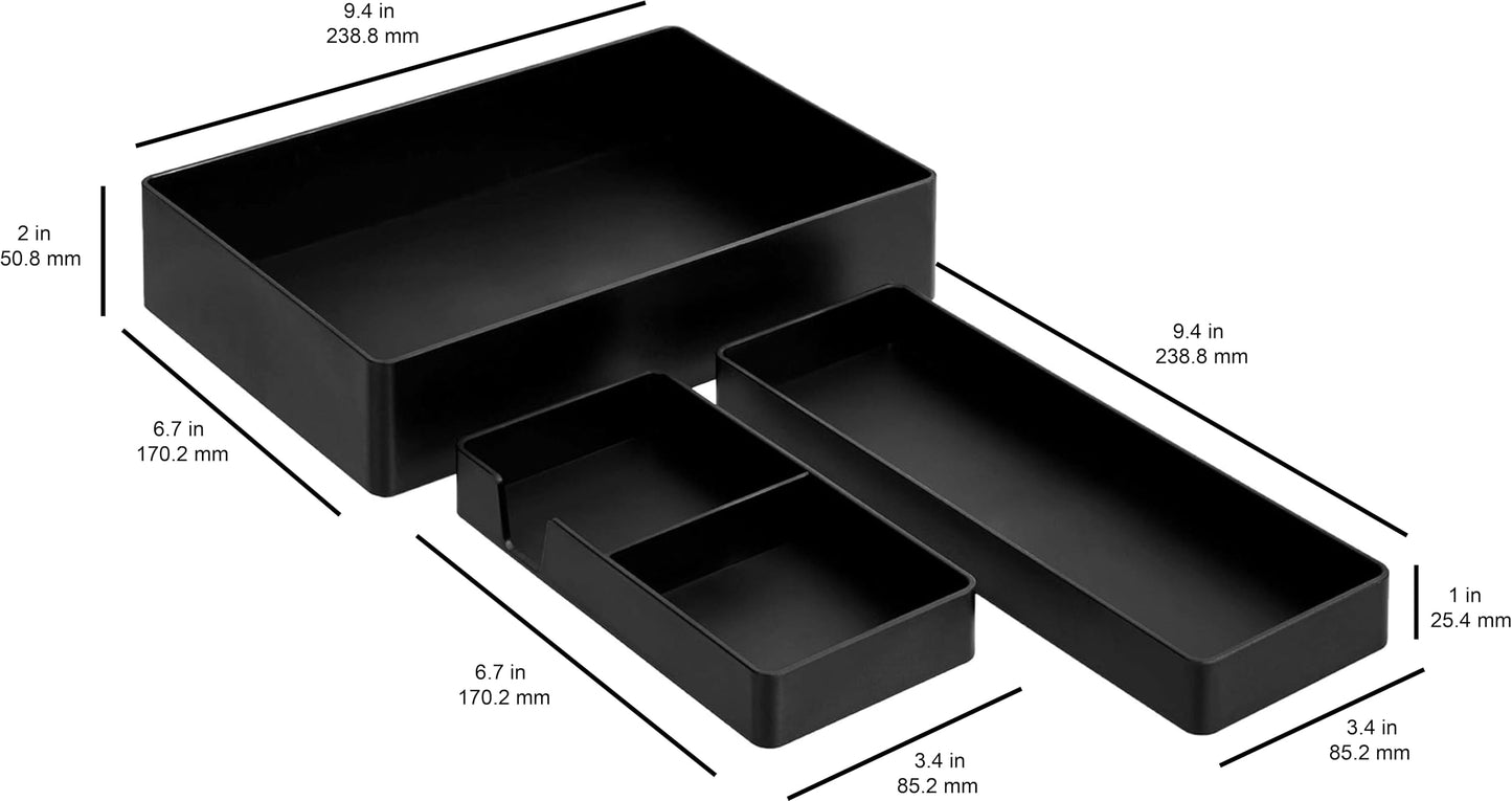 Amazon Basics Rectangular Plastic Desk Organizer Bundle, 3 Pieces with Half Accessory Tray, Small