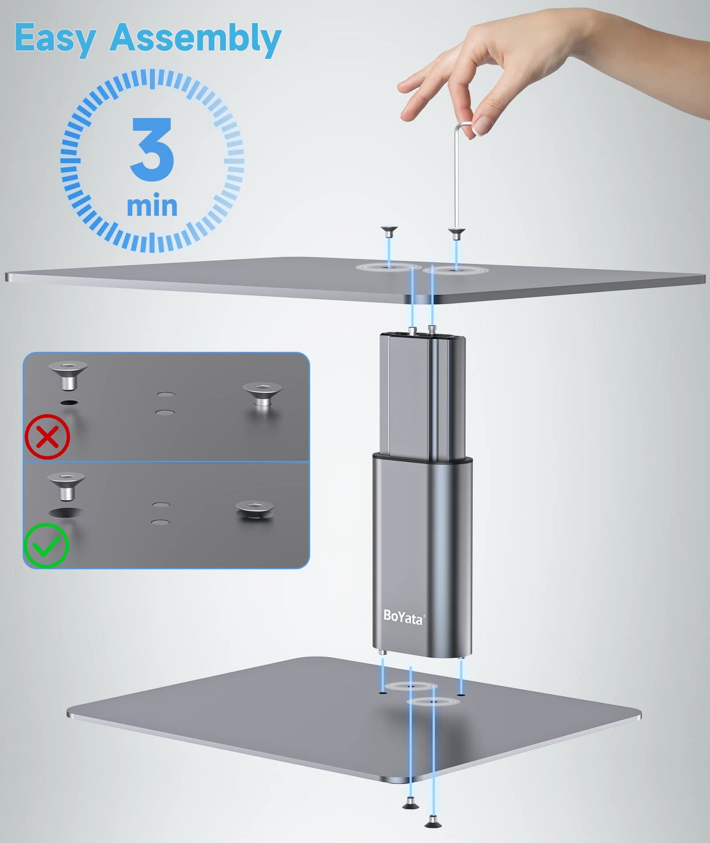 BoYata Monitor Stand, Adjustable Height Metal Desktop Riser, Space Gray