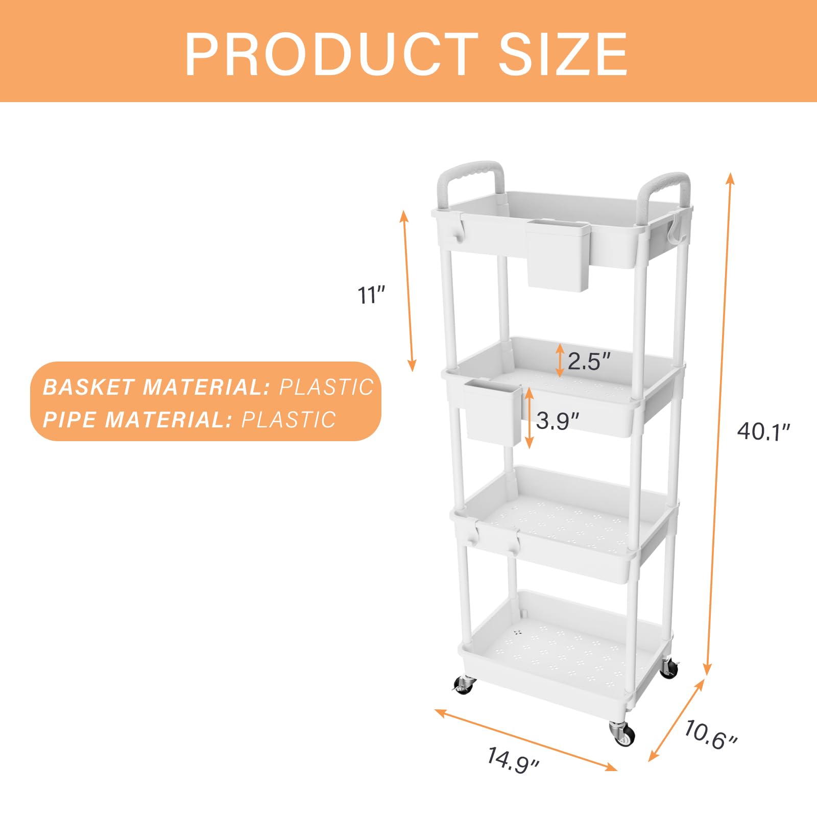 4 Tier Rolling Utility Cart with Handle,REBECAT Utility Cart Made of Multifunctional Storage