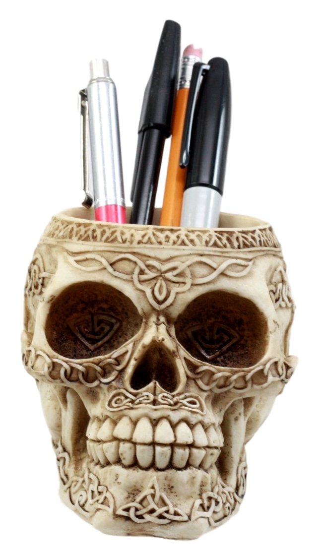 Ebros Gift Day Of The Dead Celtic Tribal Tattoo Skull Pen Holder Figurine 4.5" L Office Desktop