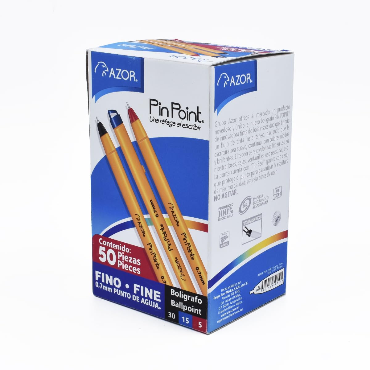 AZOR Pin Point Fine Tip 0.7 mm Ballpoint Pens Black Blue Red Ink, 50 Pack