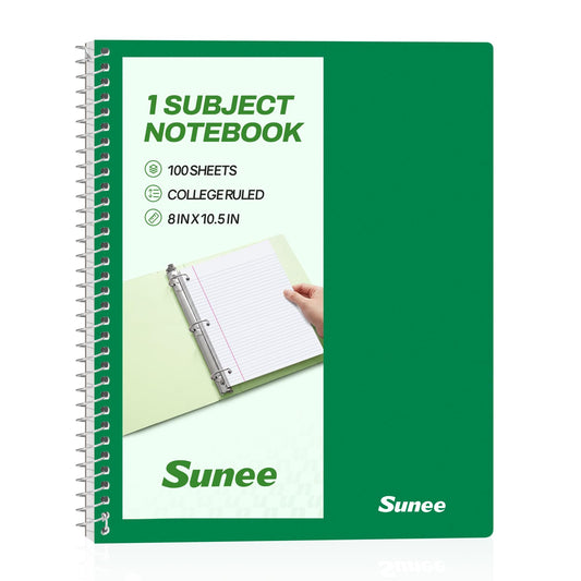 SUNEE Spiral Notebook, 1-Subject, College Ruled Paper, 8" x 10-1/2", 100 Sheets per Notebook