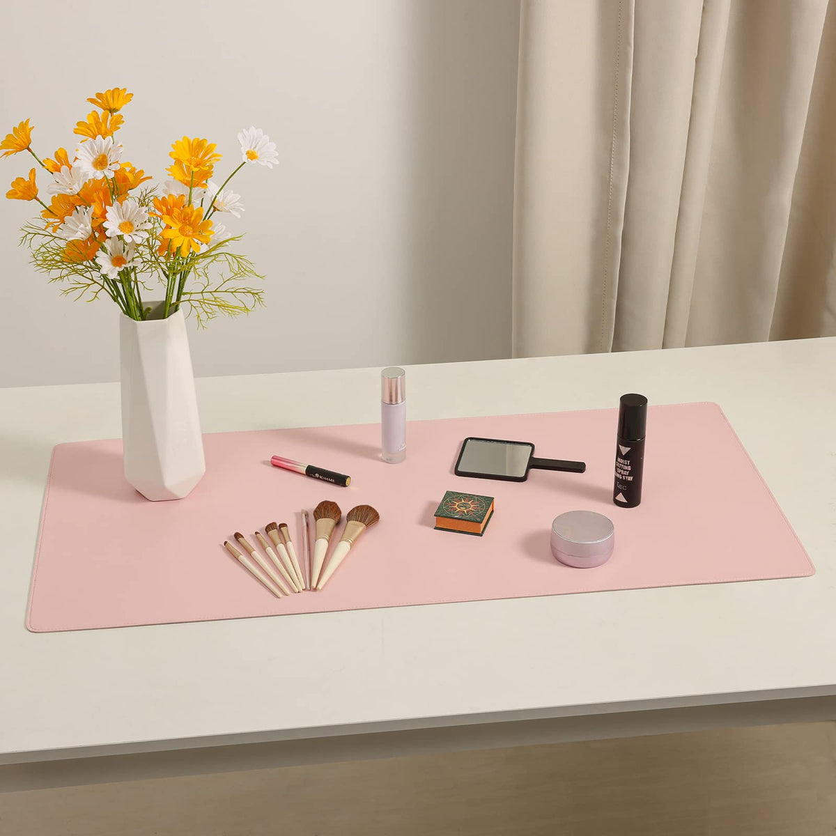 Wolaile PU Leather Desk Pad Blotter,Light Pink Waterproof Office Desktop Mat for Women,36x17in
